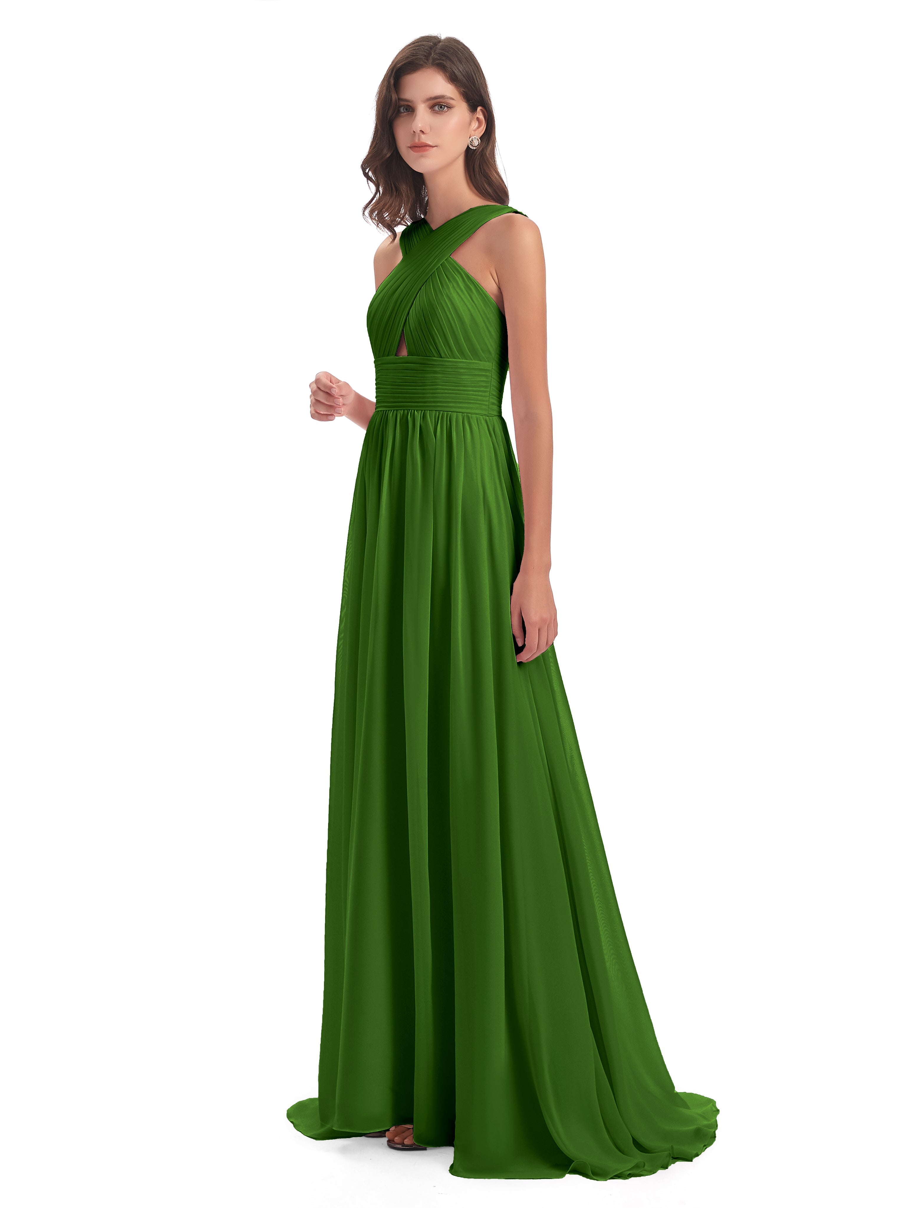 Robes De Demoiselle D'Honneur Vert Mousse Balayage/Pinceau Traîne Bretelle Mousseline Robes Demoiselle D'Honneur