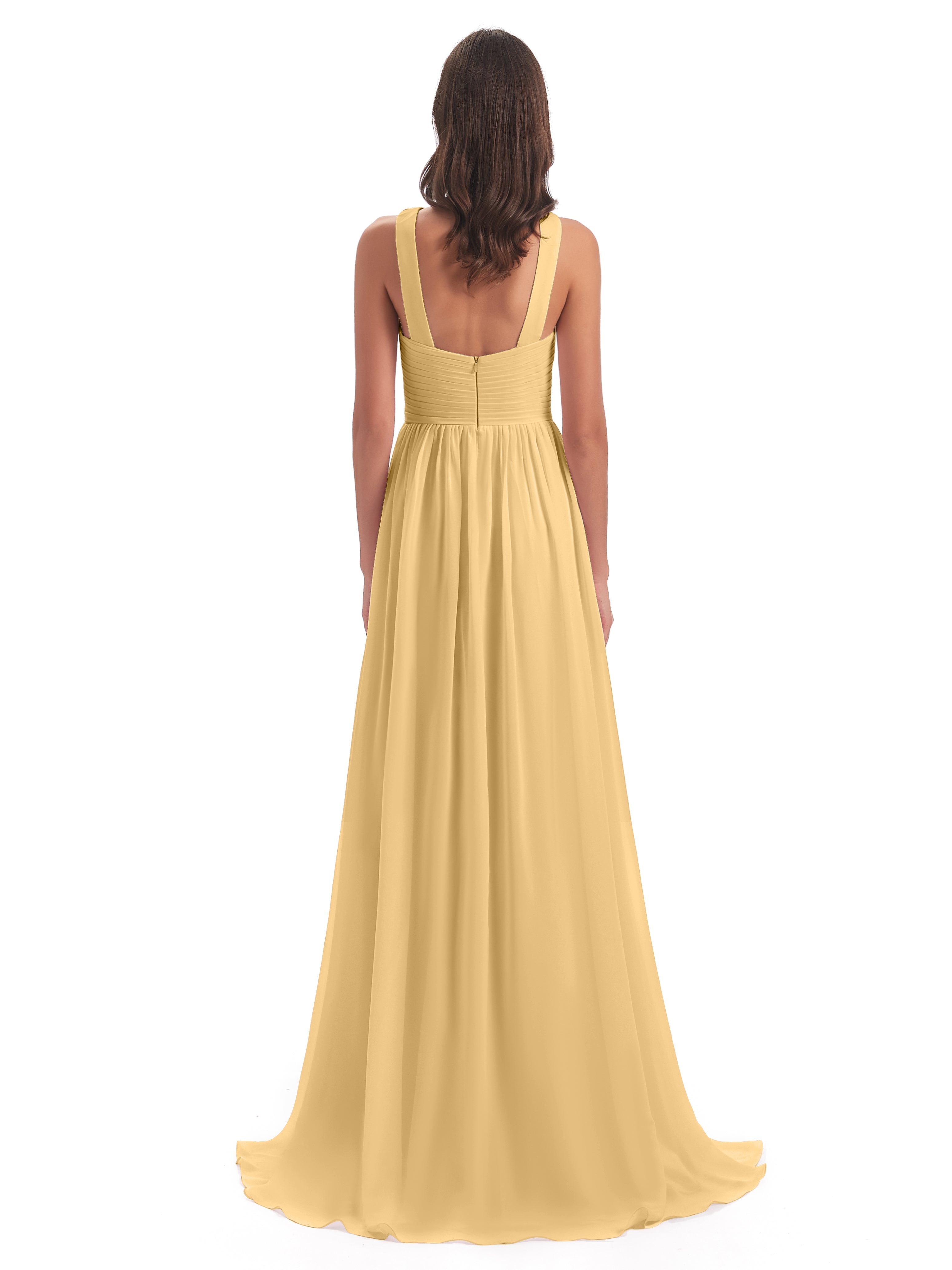 Longues Robes De Demoiselle D'Honneur En Or Balayage/Pinceau Traîne Bretelle Mousseline Robes Demoiselle D'Honneur