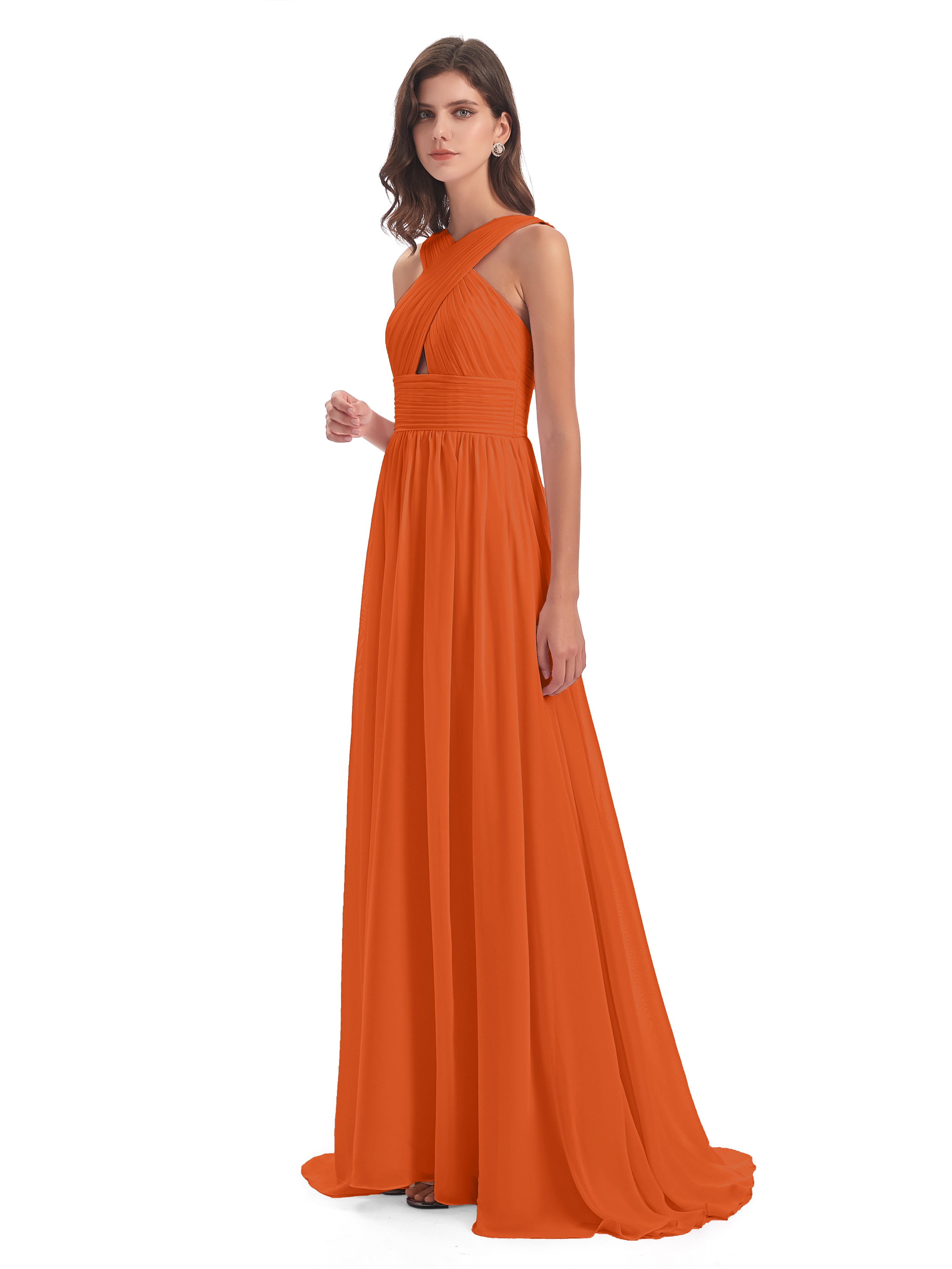 Robes De Demoiselle D'Honneur Orange Brûlé Balayage/Pinceau Traîne Bretelle Mousseline Robes Demoiselle D'Honneur