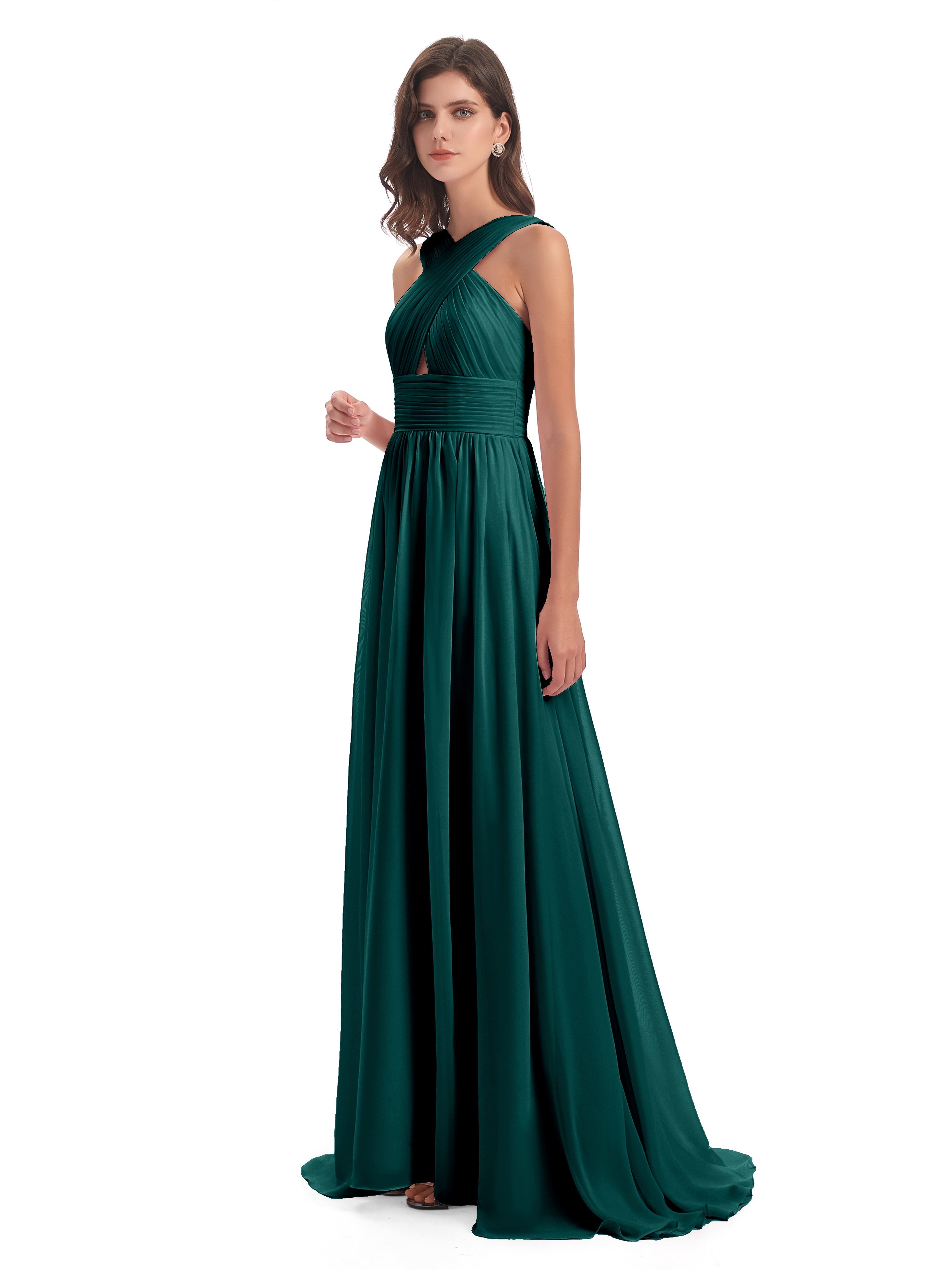 Robes De Demoiselle D'Honneur Bleu Paon Balayage/Pinceau Traîne Bretelle Mousseline Robes Demoiselle D'Honneur