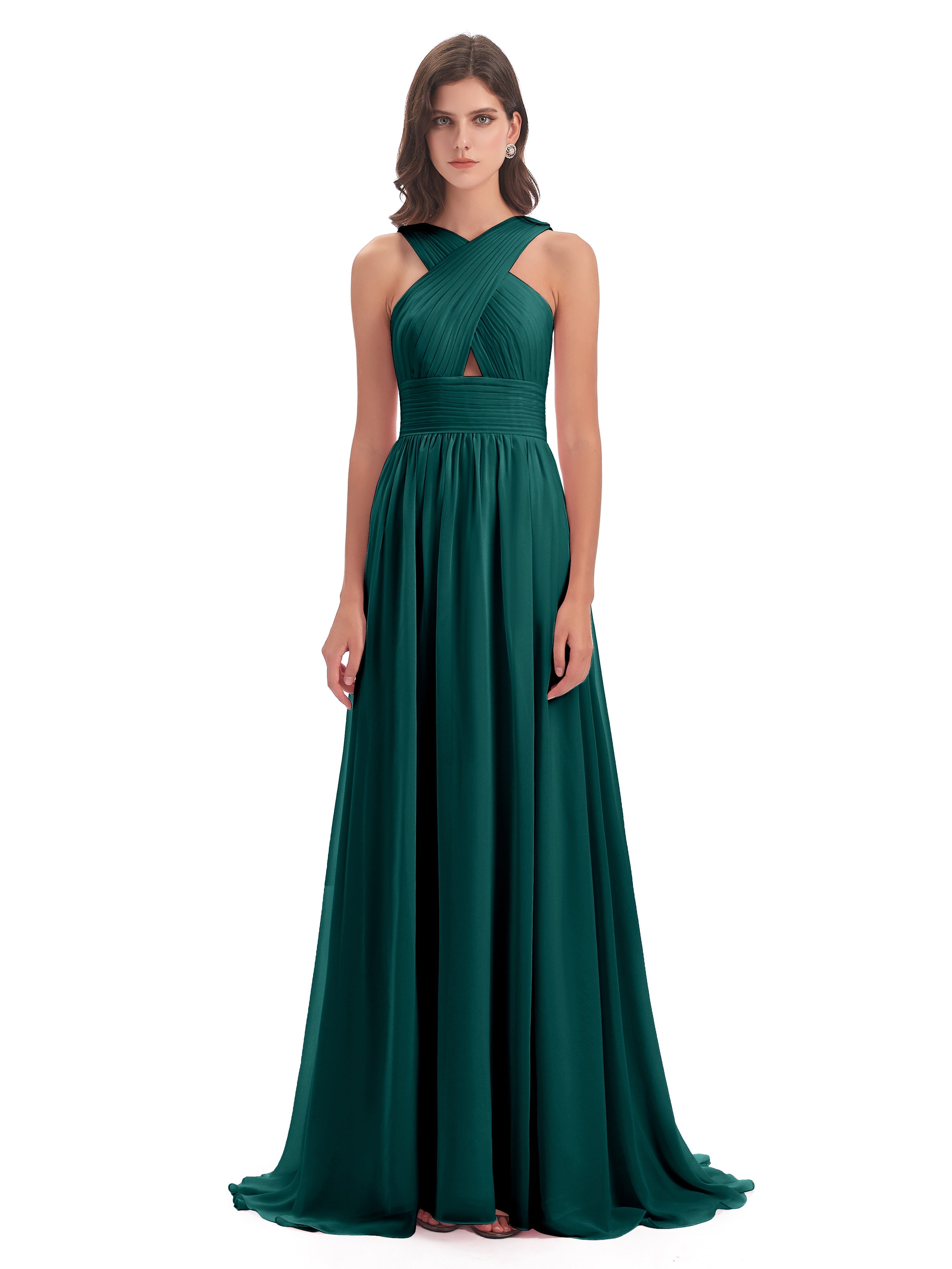 Robes De Demoiselle D'Honneur Bleu Paon Balayage/Pinceau Traîne Bretelle Mousseline Robes Demoiselle D'Honneur