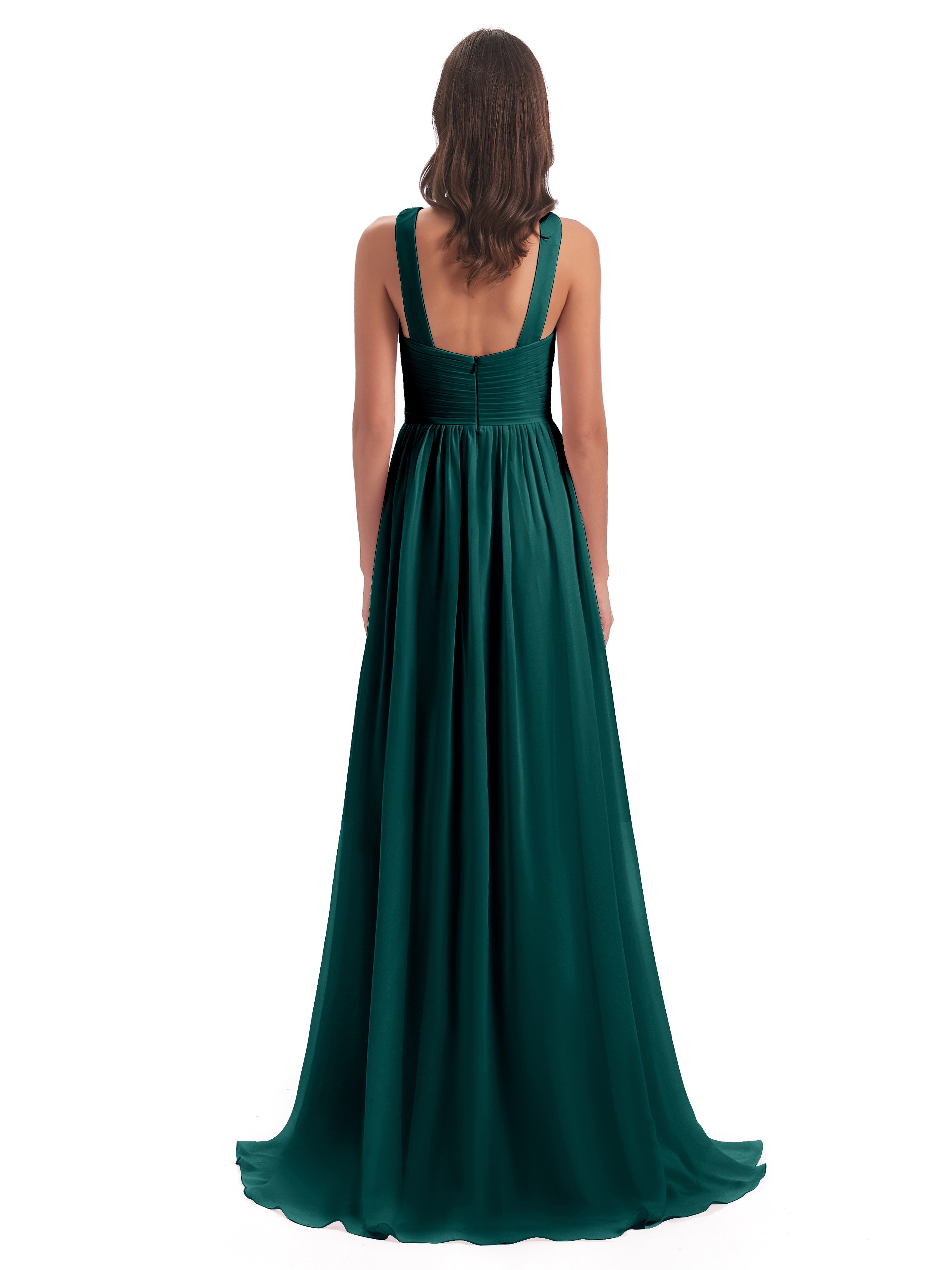 Robes De Demoiselle D'Honneur Bleu Paon Balayage/Pinceau Traîne Bretelle Mousseline Robes Demoiselle D'Honneur