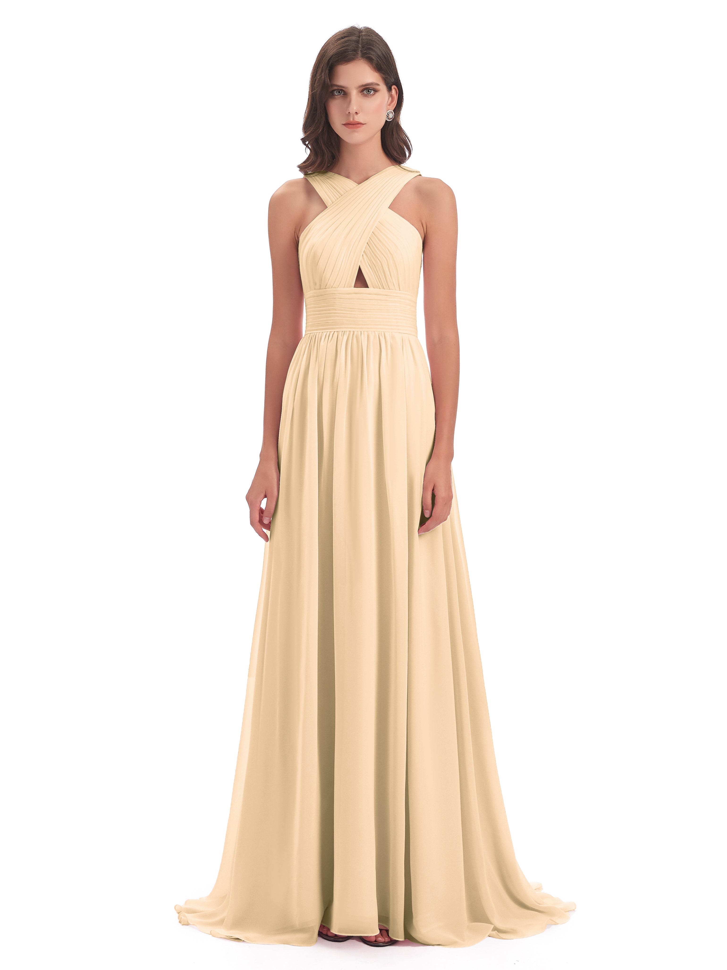 Robe Pêche Demoiselle D Honneur Balayage/Pinceau Traîne Bretelle Mousseline Robes Demoiselle D'Honneur
