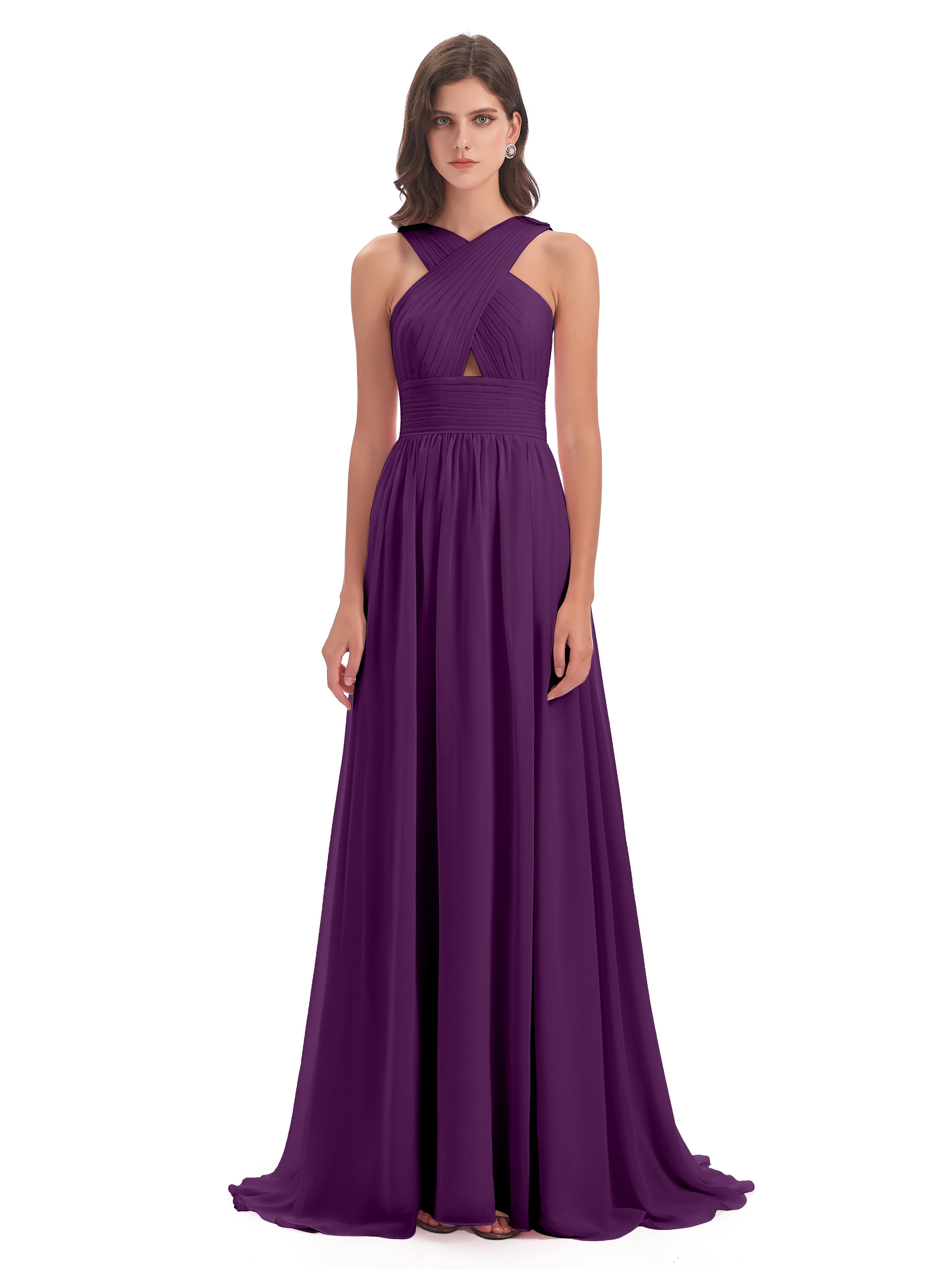 Robes De Demoiselle D'Honneur En Raisin Balayage/Pinceau Traîne Bretelle Mousseline Robes Demoiselle D'Honneur