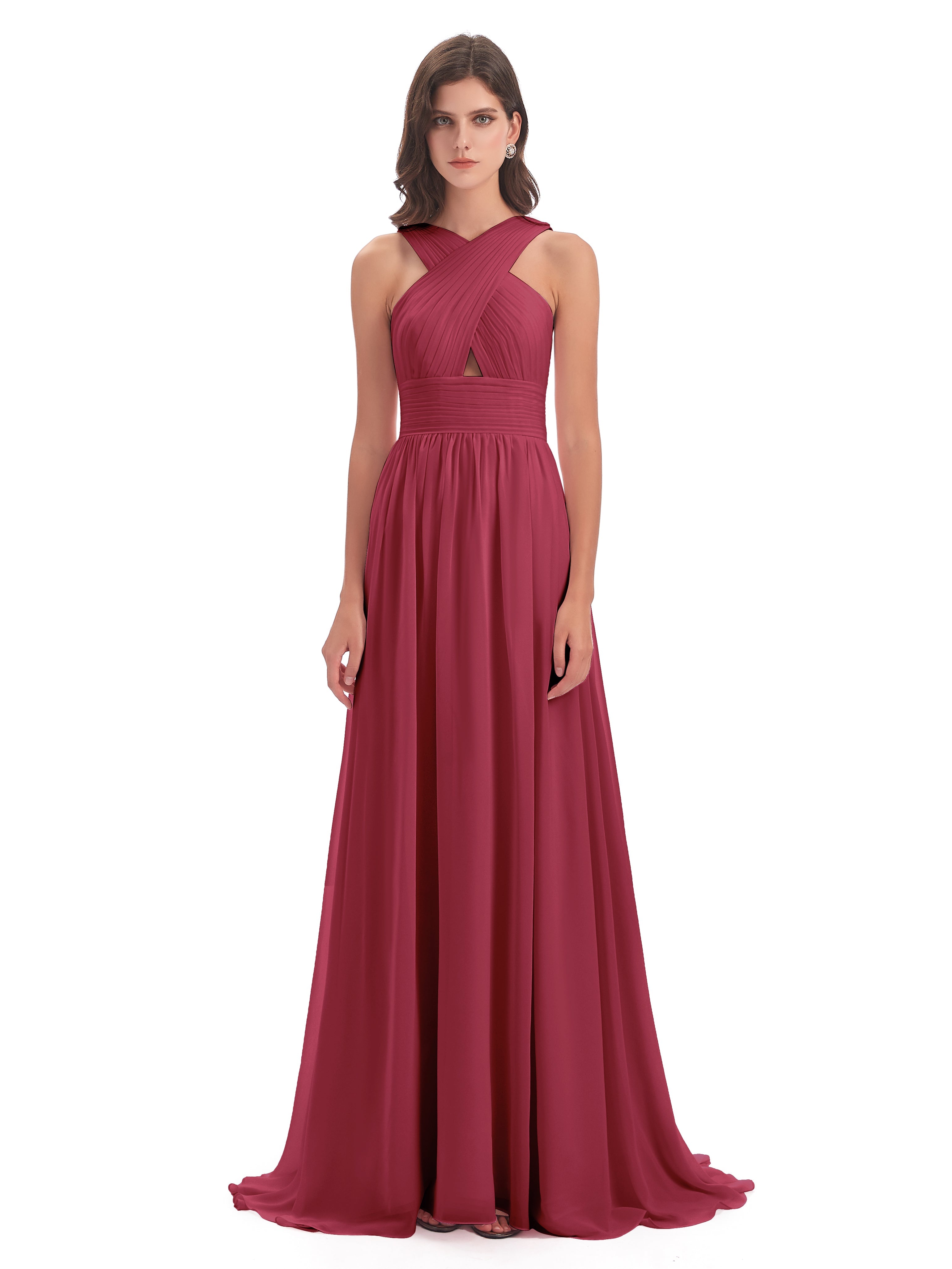 Couleur Rose Cannelle Balayage/Pinceau Traîne Bretelle Mousseline Robes Demoiselle D'Honneur