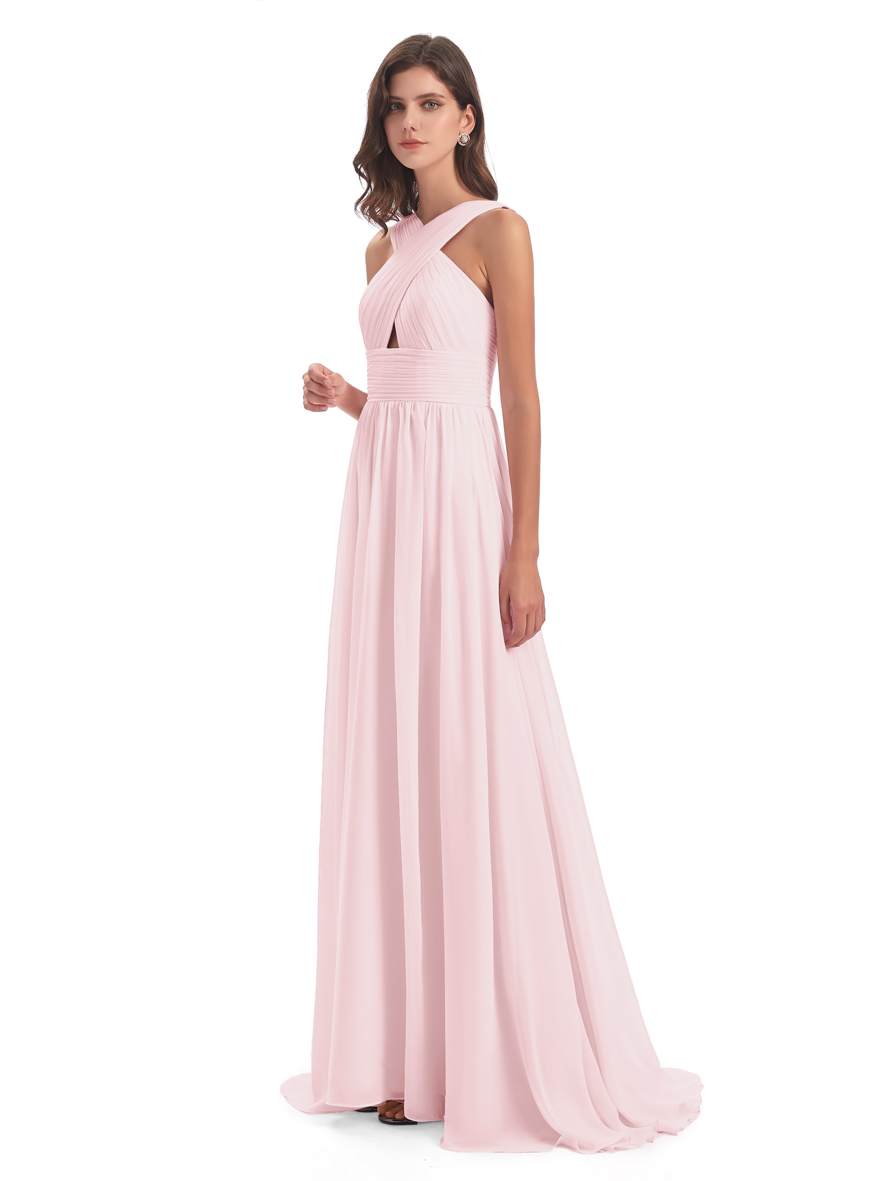 Robe Demoiselle D Honneur Rose Pale Balayage/Pinceau Traîne Bretelle Mousseline Robes Demoiselle D'Honneur