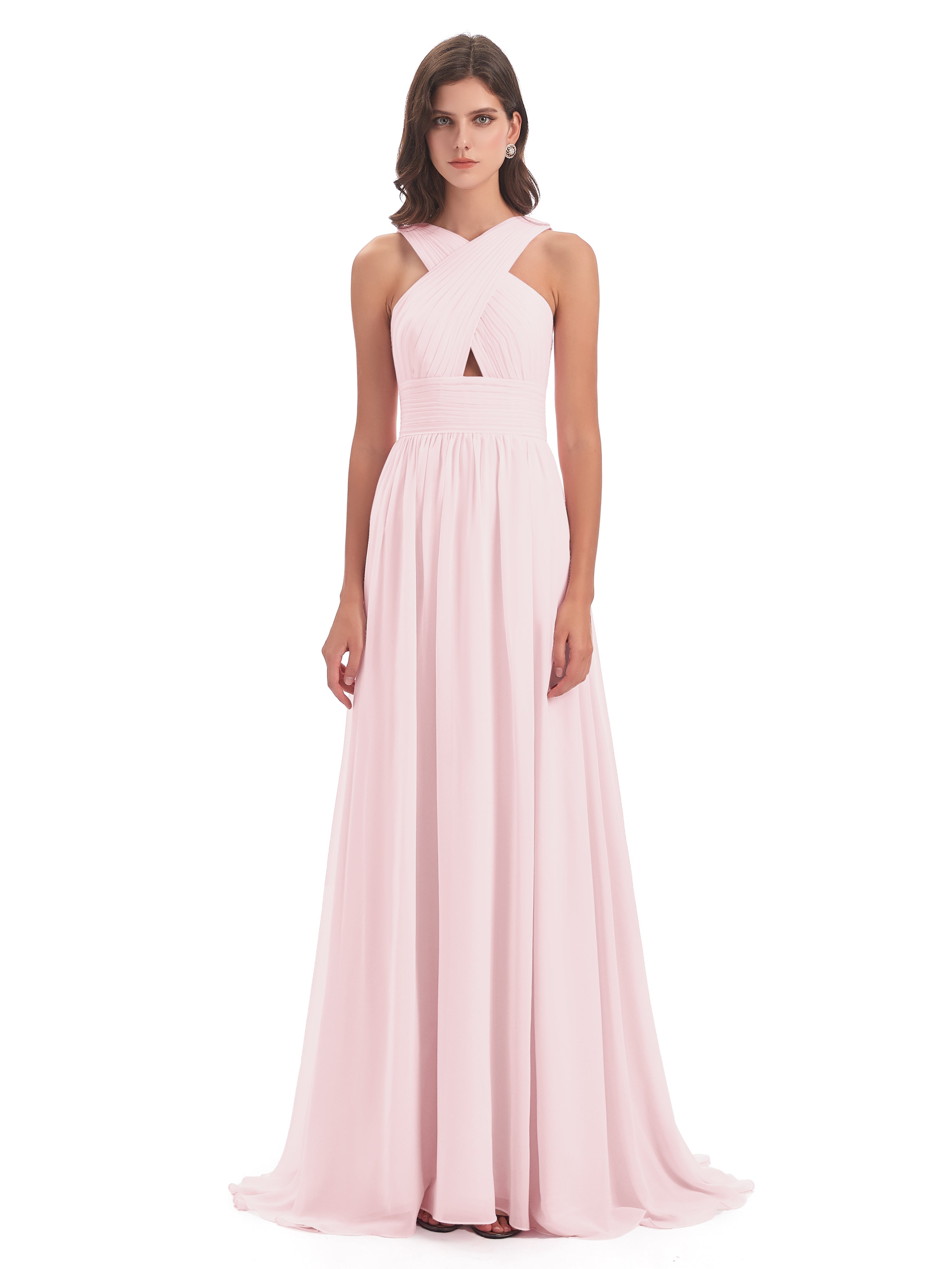 Robe Demoiselle D Honneur Rose Pale Balayage/Pinceau Traîne Bretelle Mousseline Robes Demoiselle D'Honneur