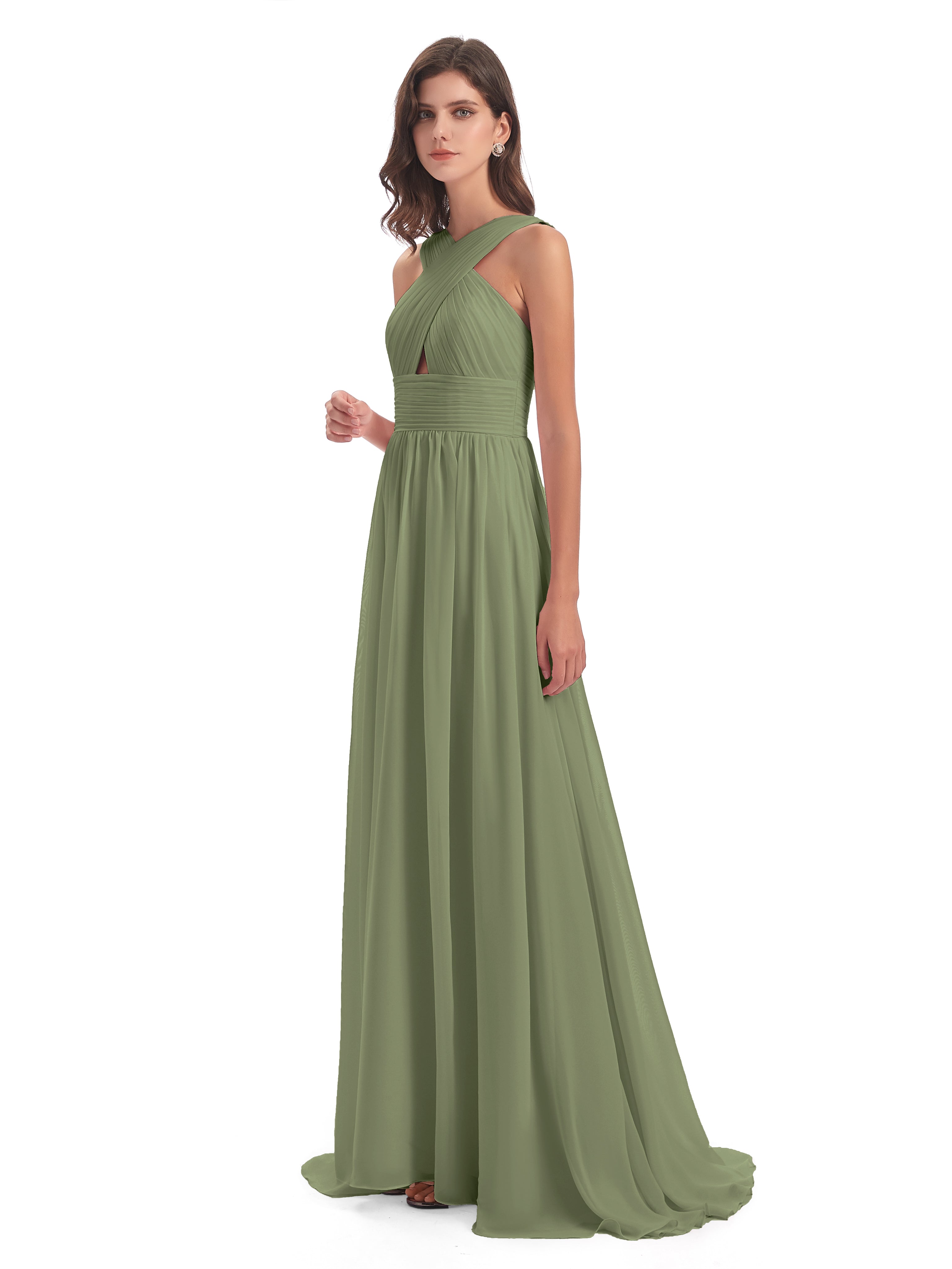 Robes De Demoiselle D'Honneur Olive Balayage/Pinceau Traîne Bretelle Mousseline Robes Demoiselle D'Honneur