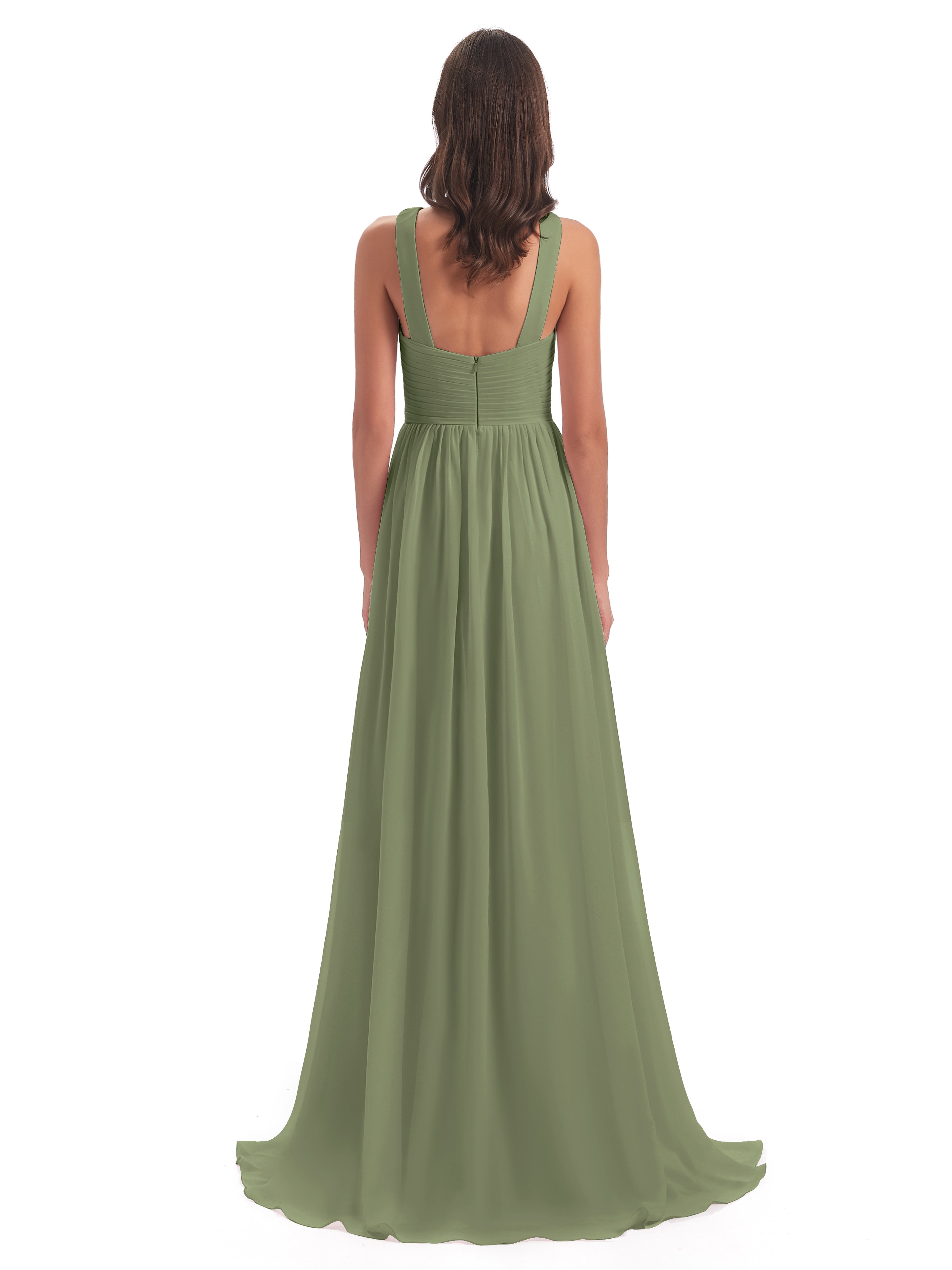 Robes De Demoiselle D'Honneur Olive Balayage/Pinceau Traîne Bretelle Mousseline Robes Demoiselle D'Honneur