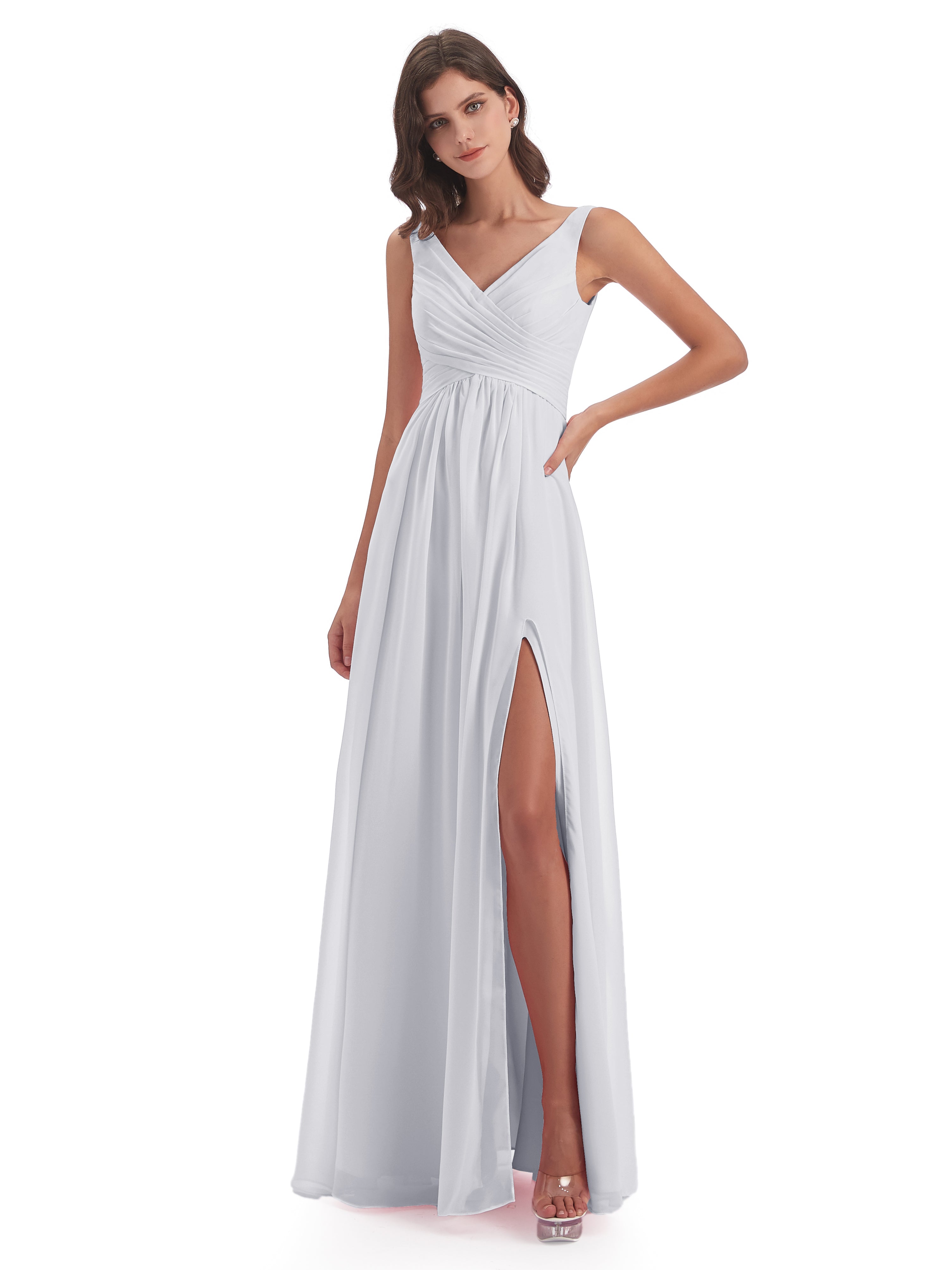 Toutes Les Robes De Demoiselle D'Honneur Blanches Col V Fendue Mousseline Robes Demoiselle D'Honneur