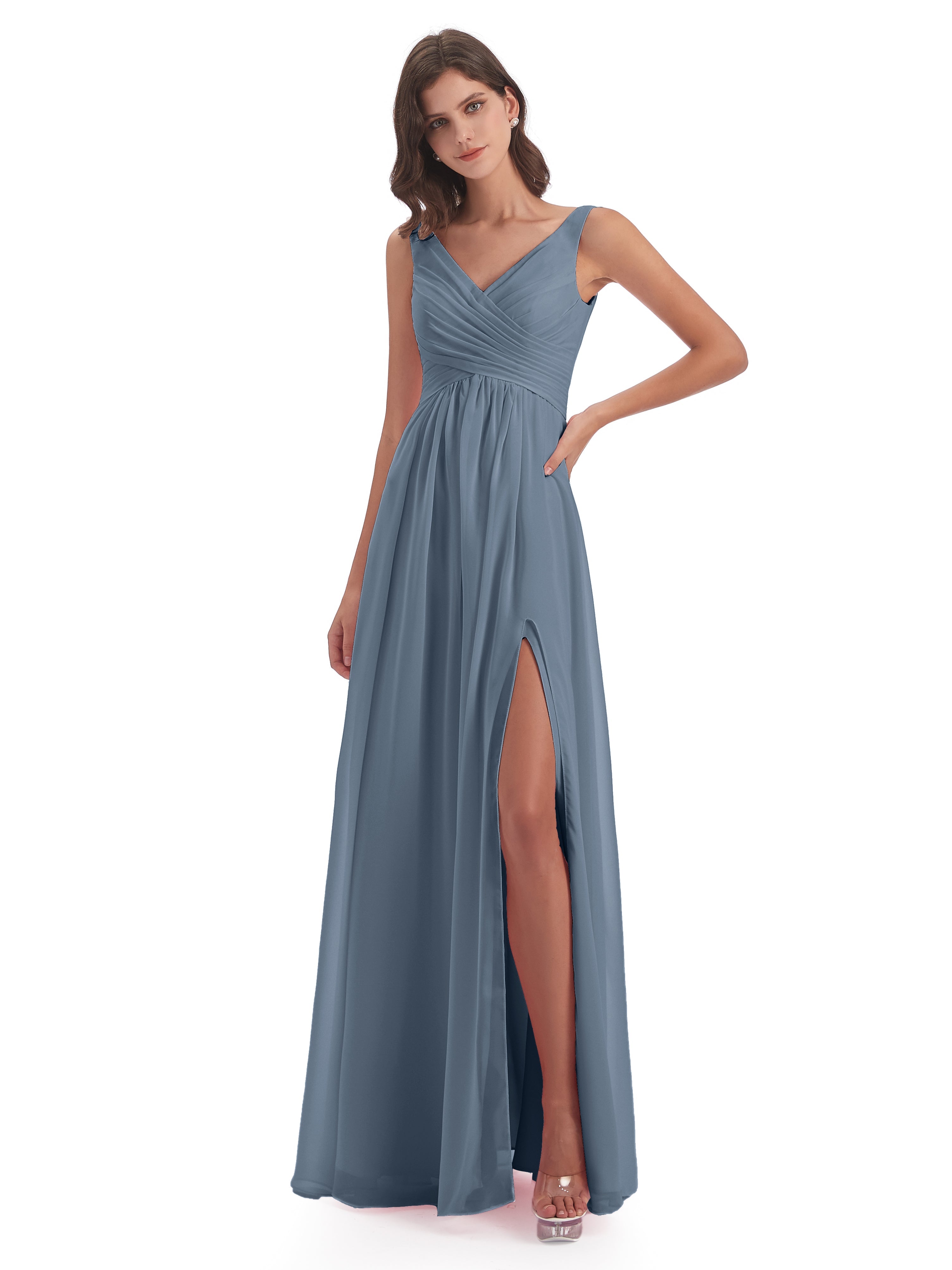 Robes De Demoiselle D'Honneur Bleu Gris Col V Fendue Mousseline Robes Demoiselle D'Honneur