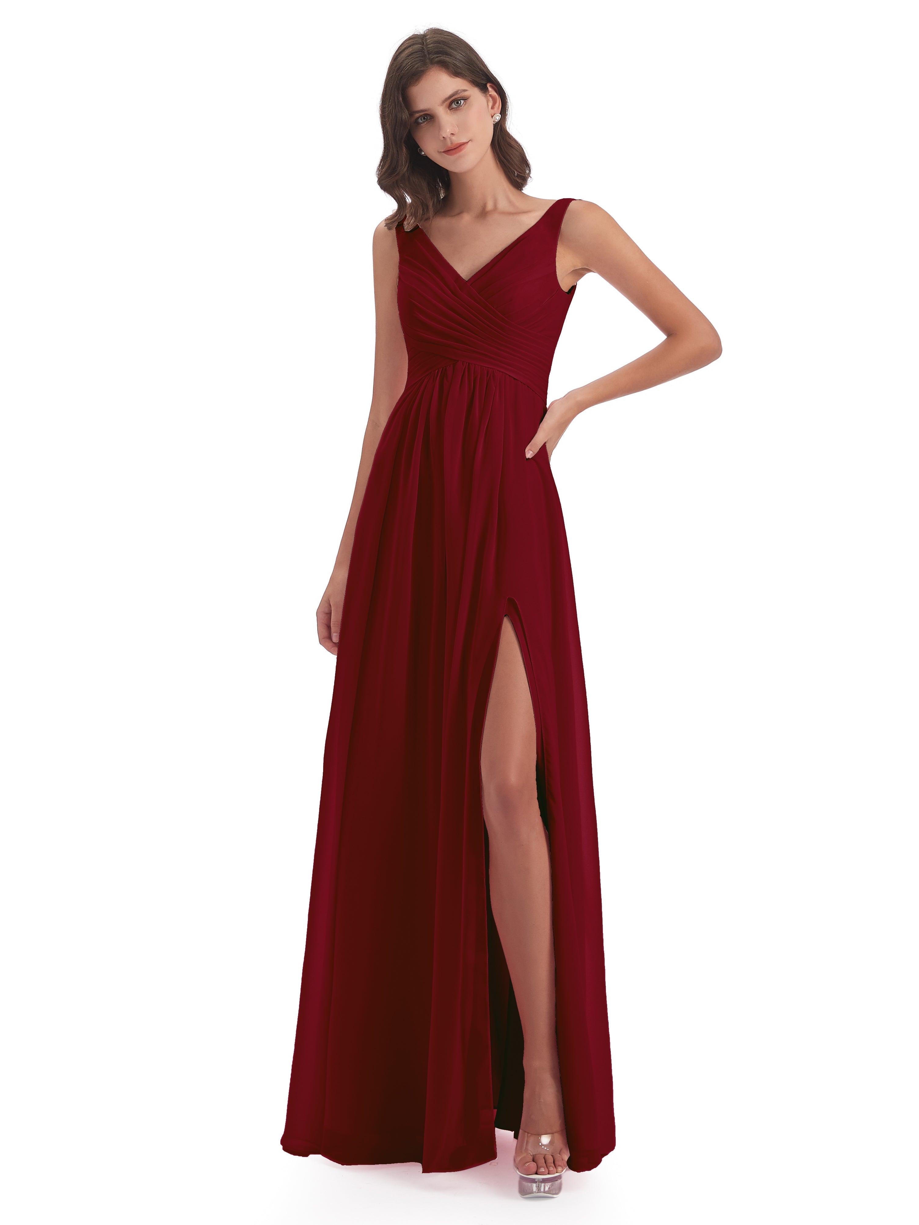 Robe Demoiselle Dhonneur Bordeaux Col V Fendue Mousseline Robes Demoiselle D'Honneur
