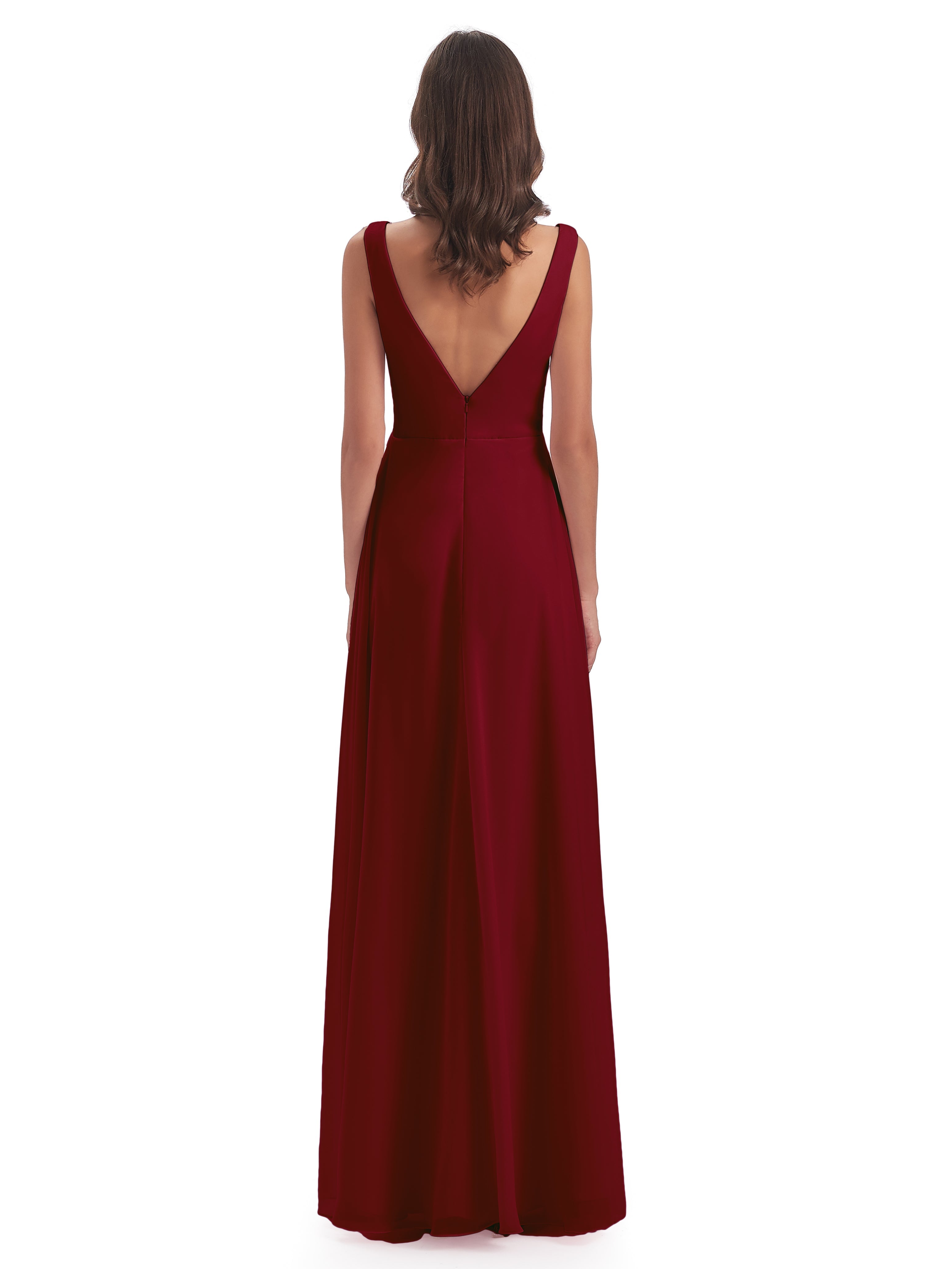 Robe Demoiselle Dhonneur Bordeaux Col V Fendue Mousseline Robes Demoiselle D'Honneur