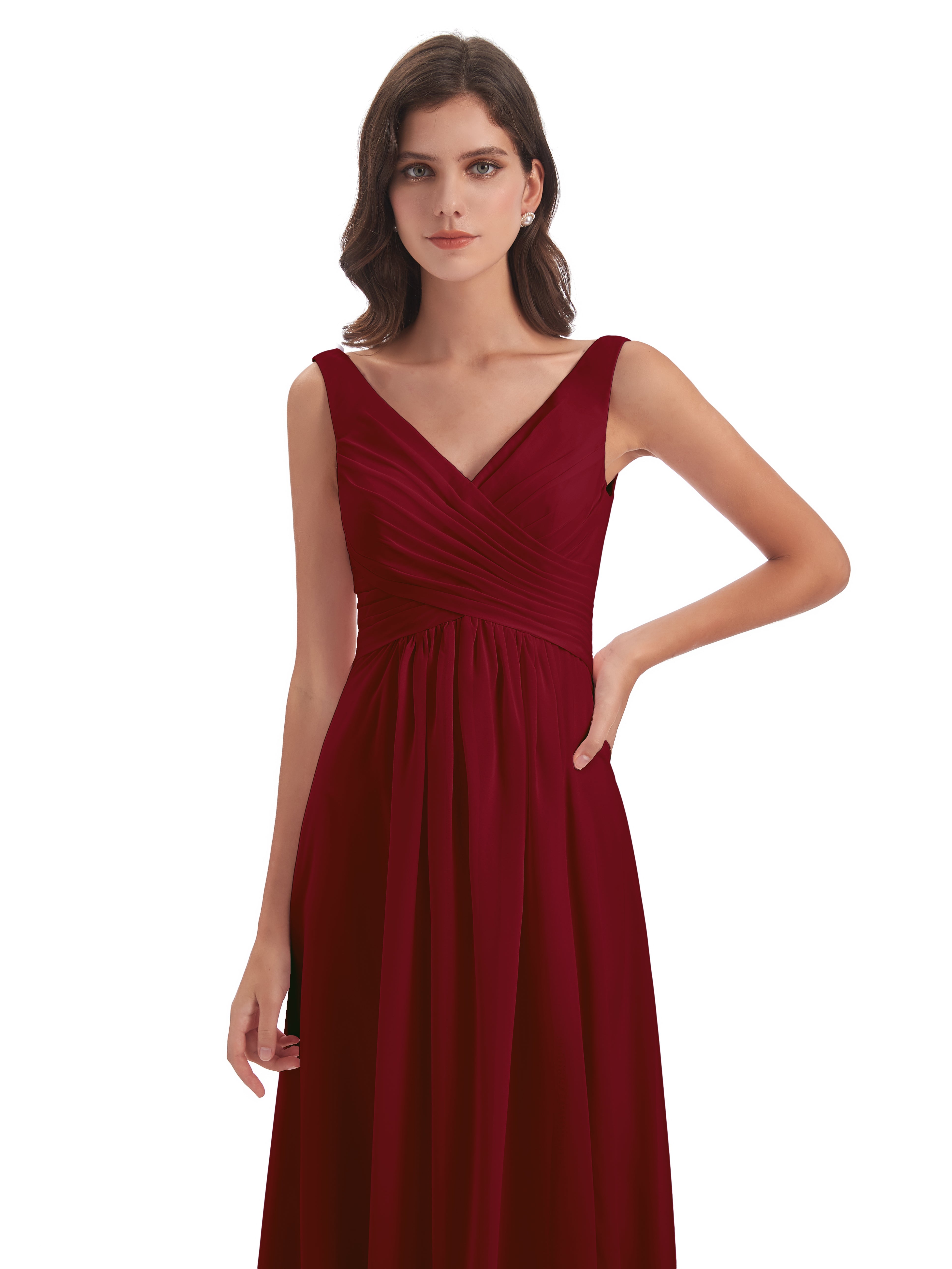 Robe Demoiselle Dhonneur Bordeaux Col V Fendue Mousseline Robes Demoiselle D'Honneur