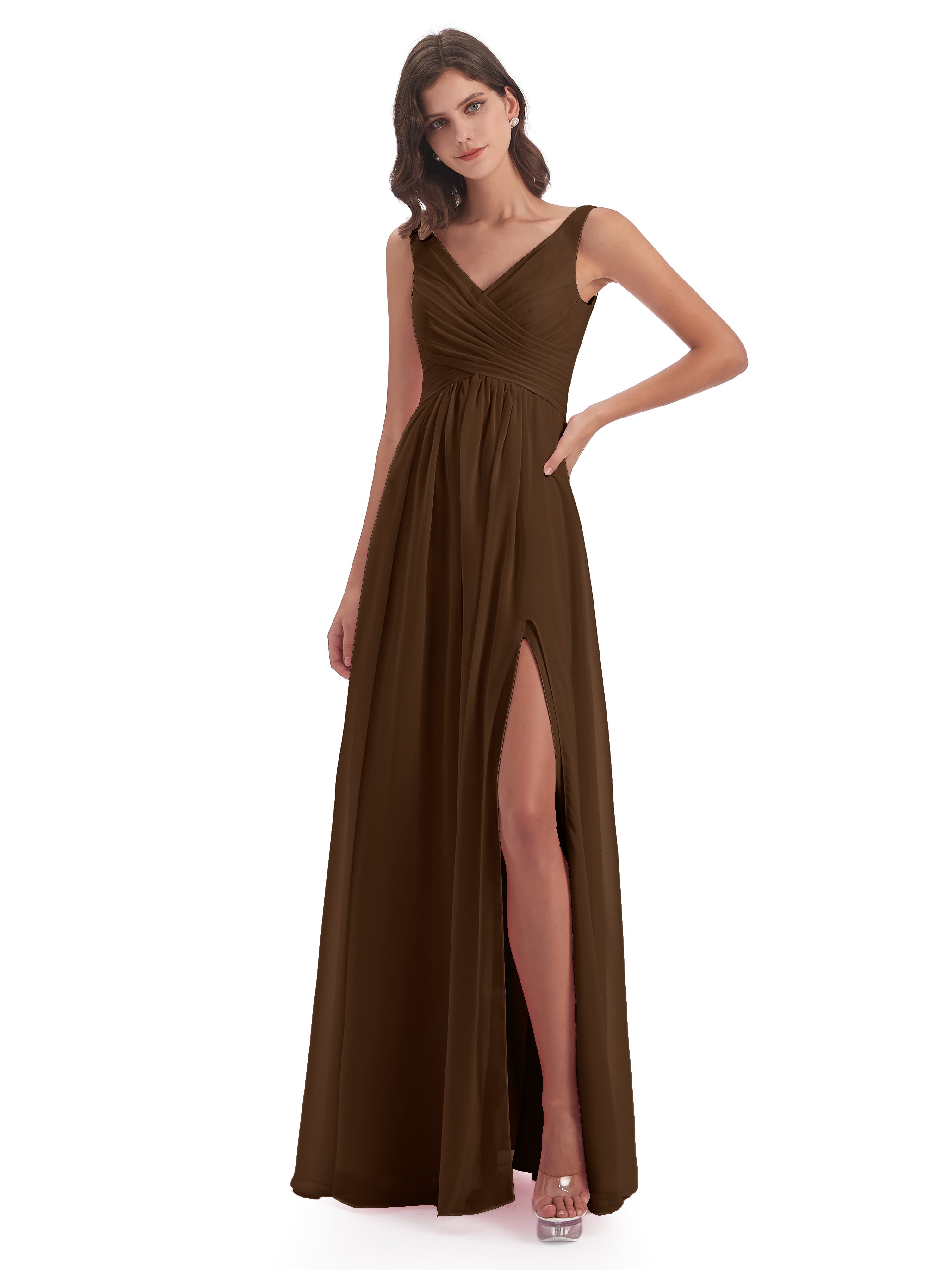 Robes De Demoiselle D'Honneur Brun Col V Fendue Mousseline Robes Demoiselle D'Honneur