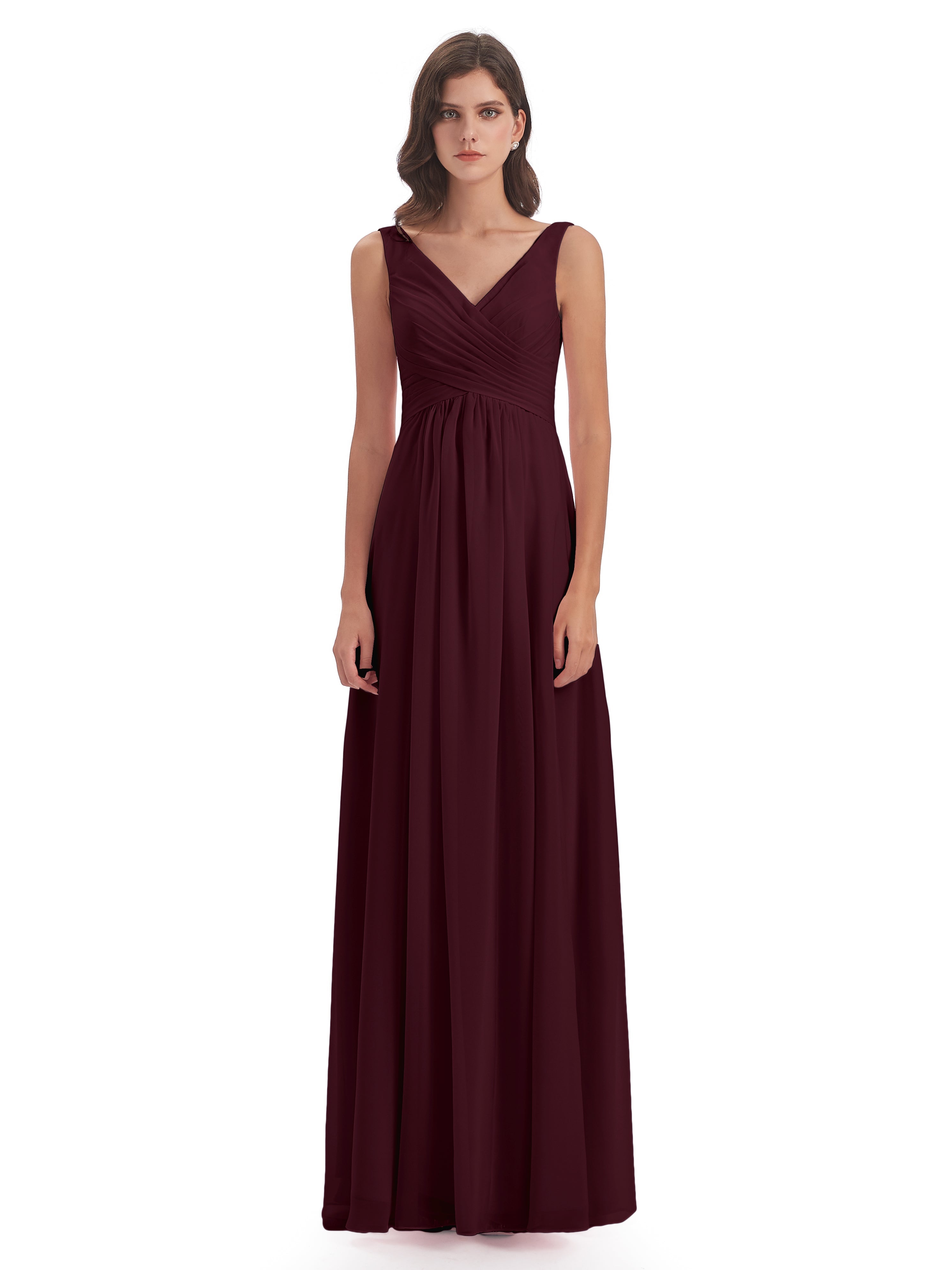 Robes De Demoiselle D'Honneur Cabernet Col V Fendue Mousseline Robes Demoiselle D'Honneur