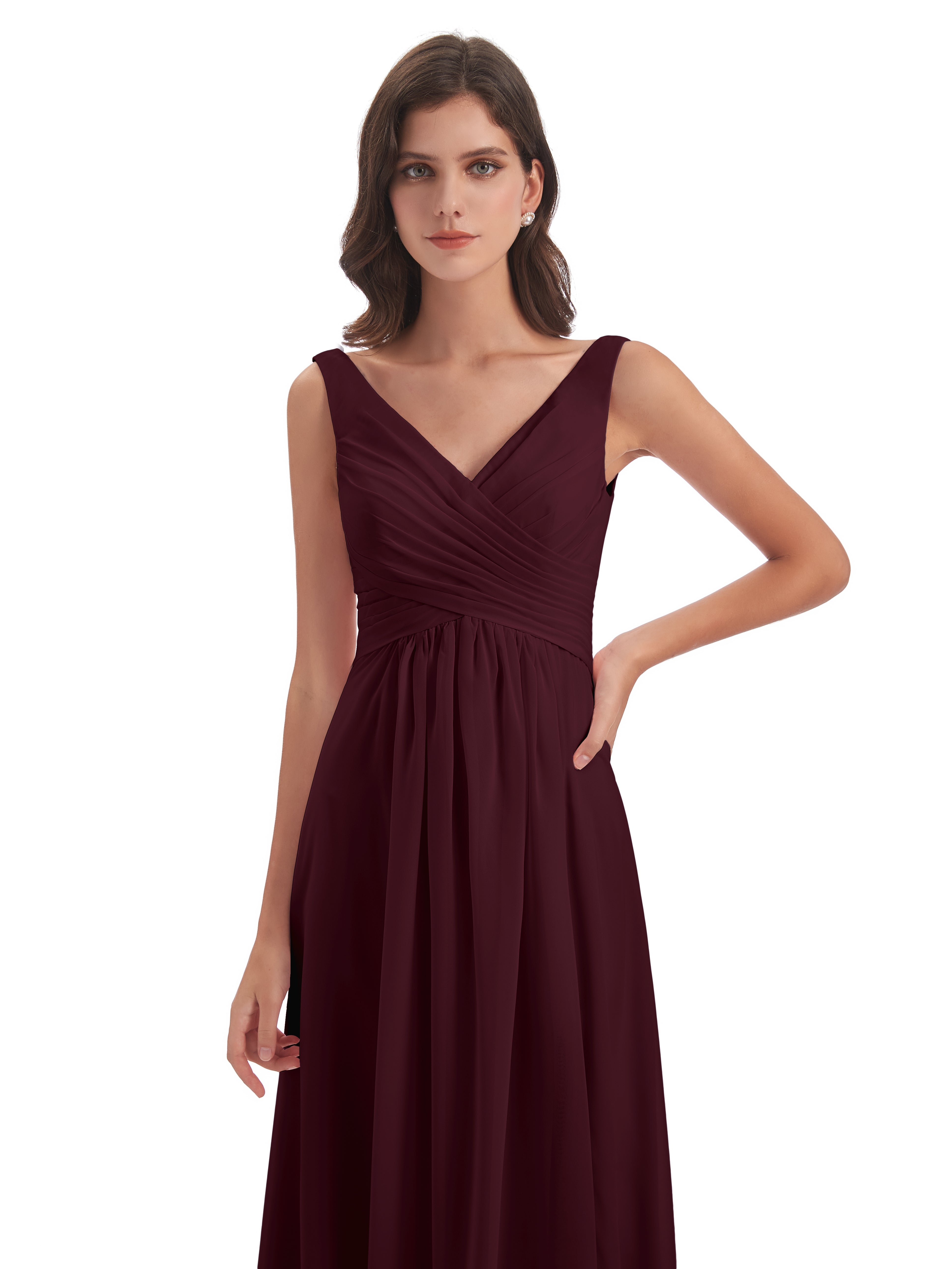 Robes De Demoiselle D'Honneur Cabernet Col V Fendue Mousseline Robes Demoiselle D'Honneur