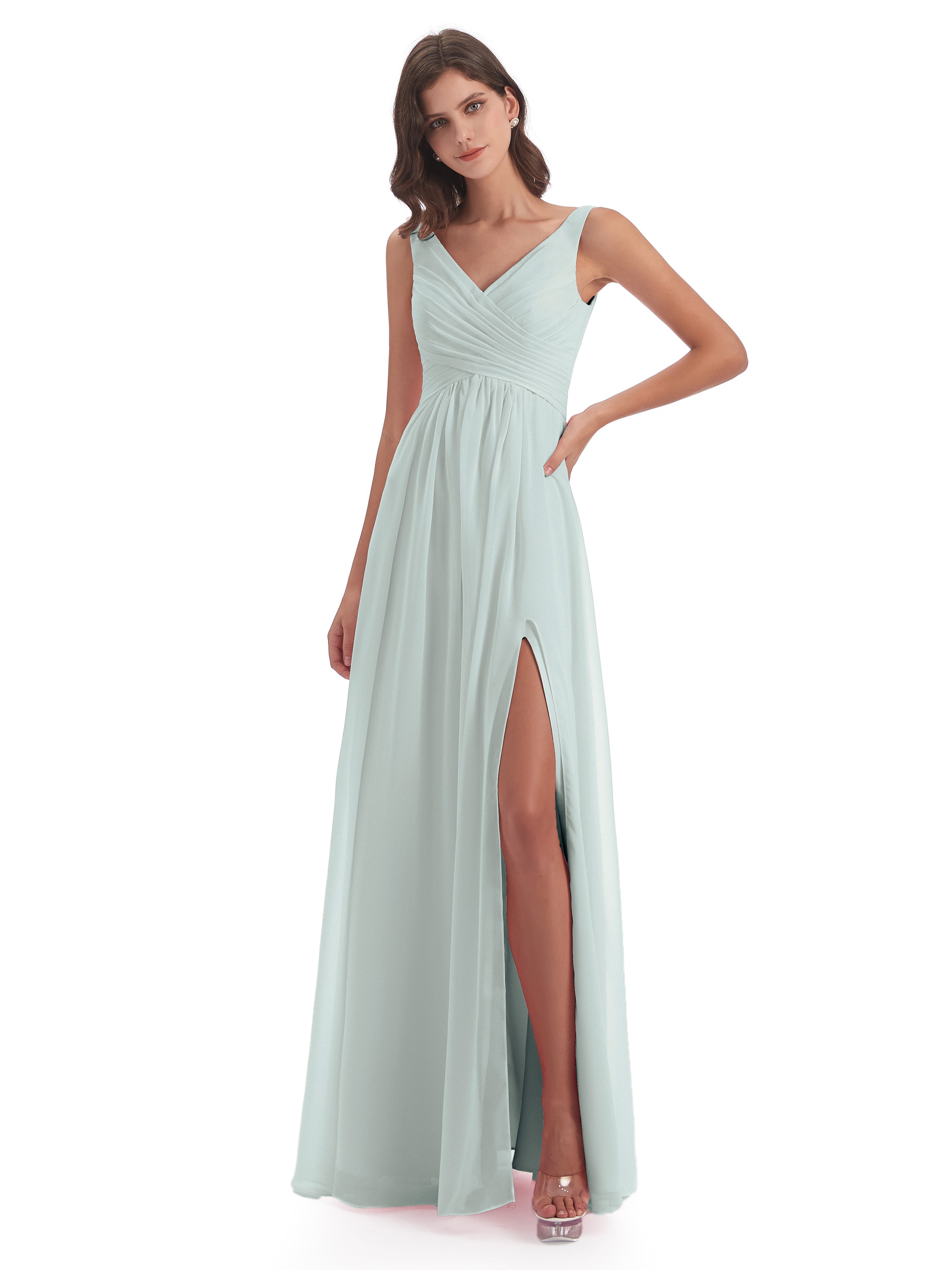 Robe Demoiselle D Honneur Vert Celadon Col V Fendue Mousseline Robes Demoiselle D'Honneur