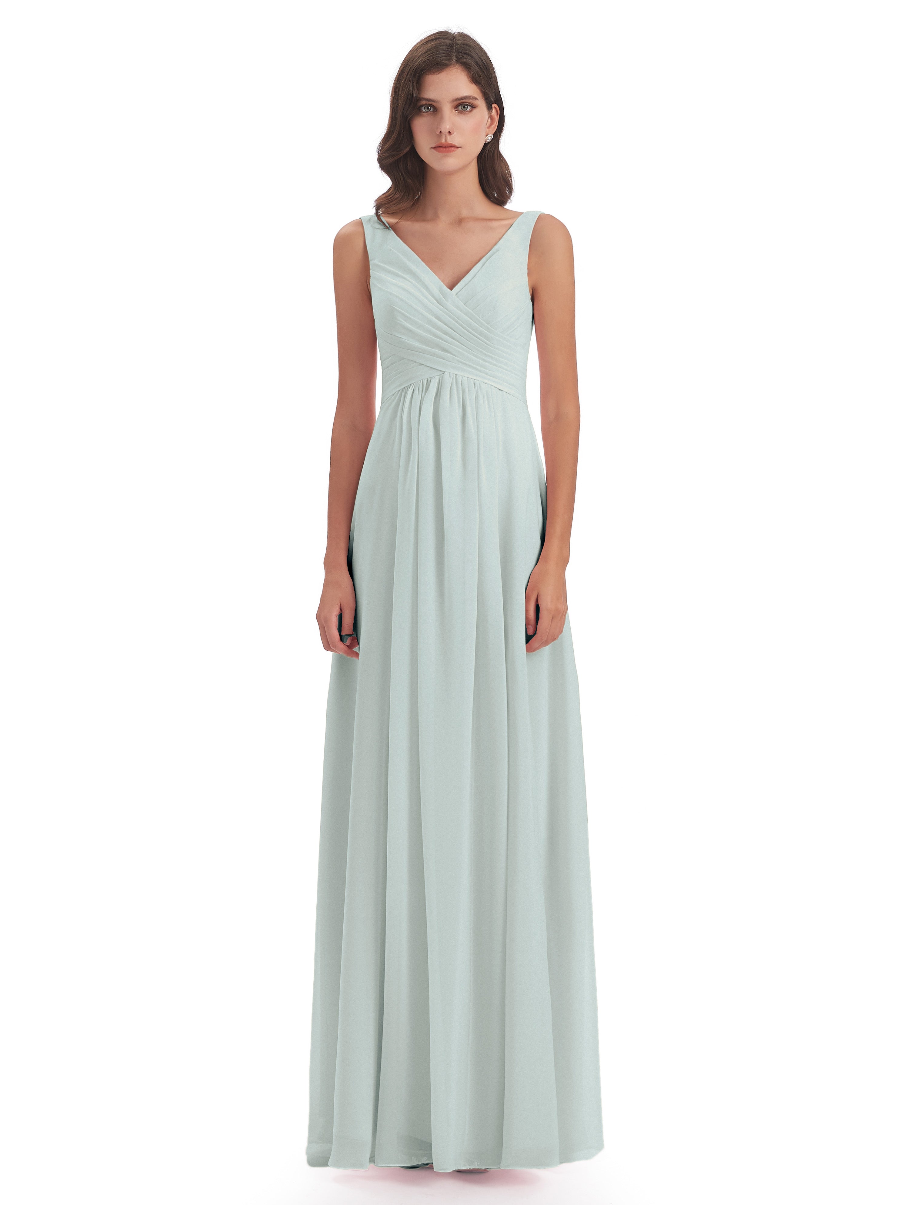 Robe Demoiselle D Honneur Vert Celadon Col V Fendue Mousseline Robes Demoiselle D'Honneur