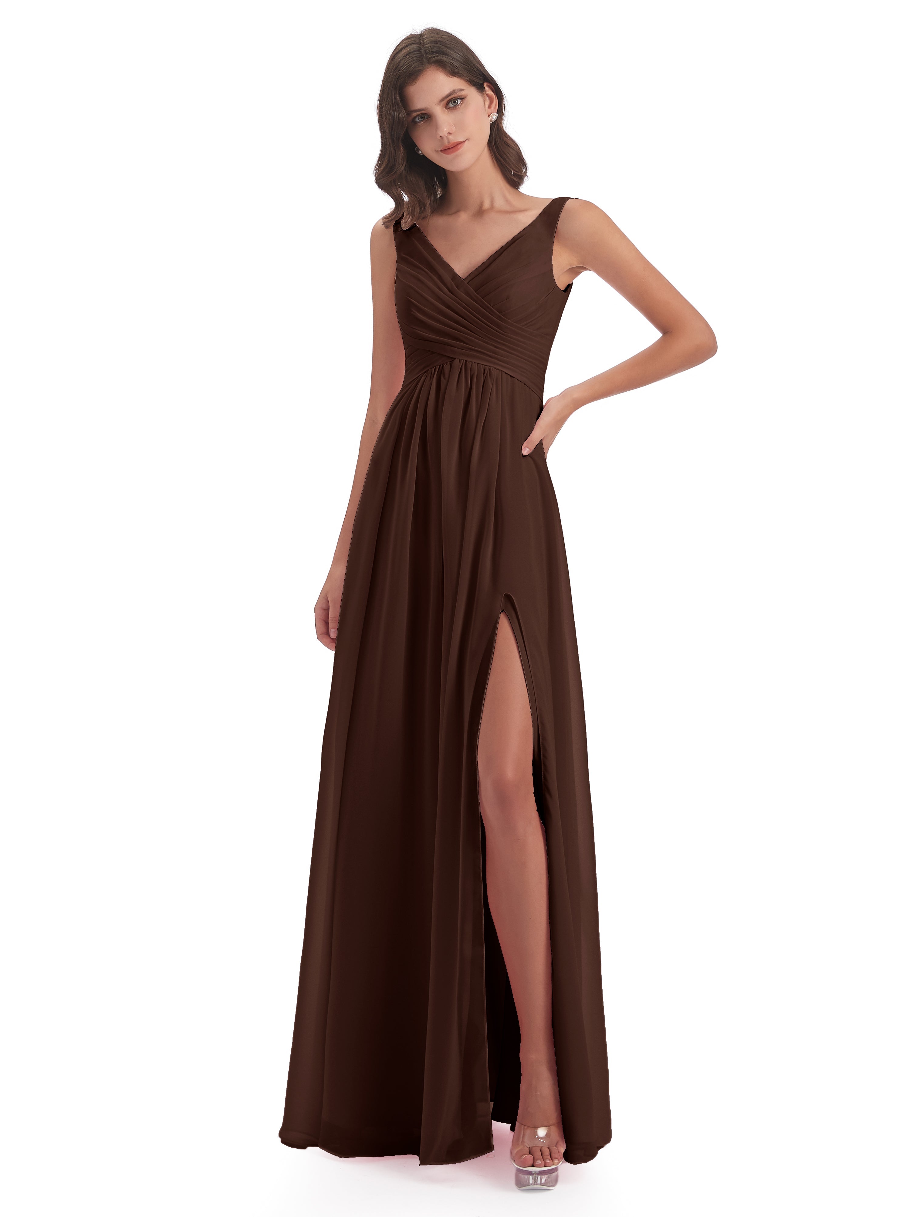 Robes De Demoiselle D'Honneur En Chocolat Col V Fendue Mousseline Robes Demoiselle D'Honneur