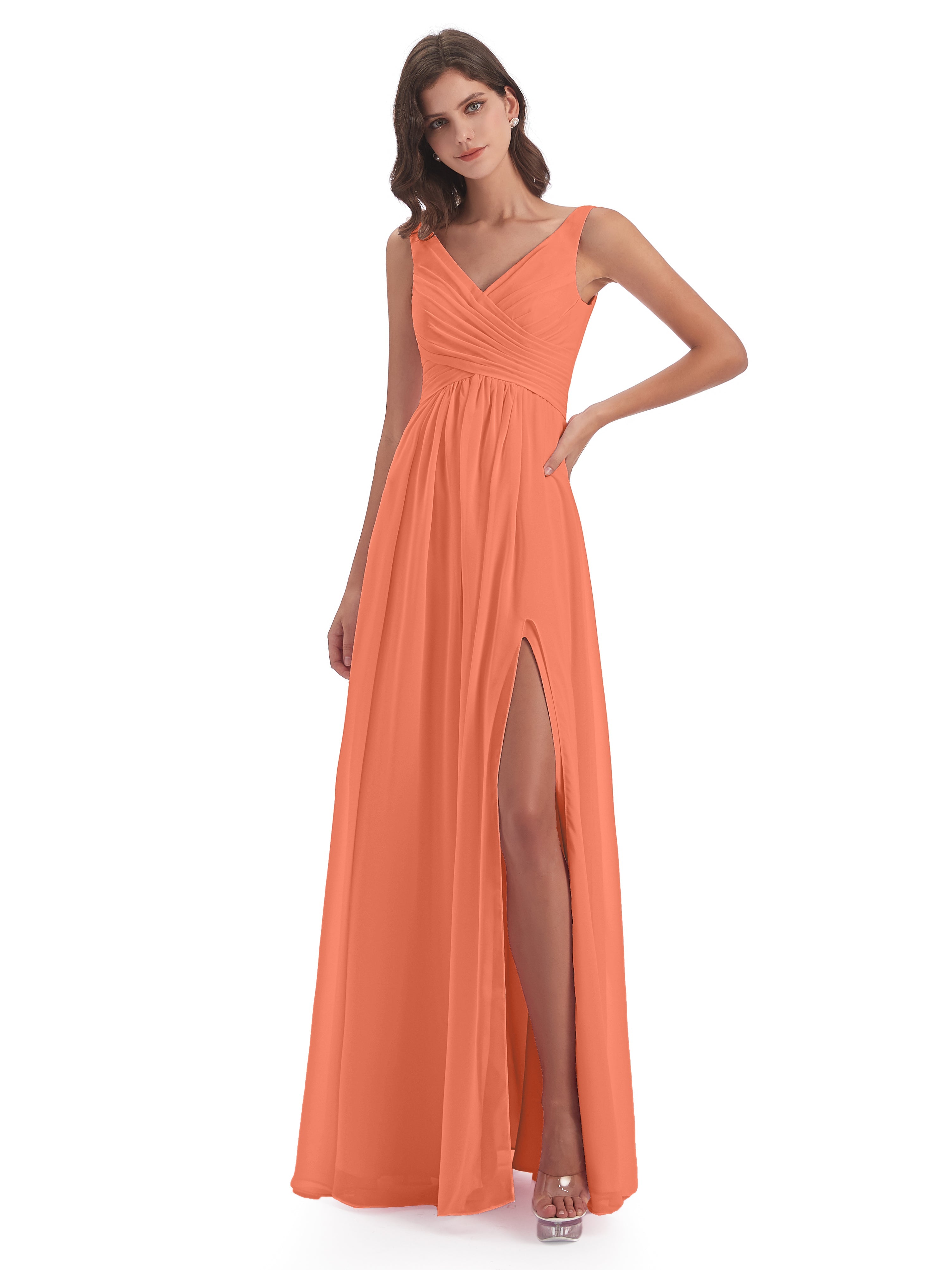 Robes De Demoiselle D'Honneur Coucher De Soleil Col V Fendue Mousseline Robes Demoiselle D'Honneur