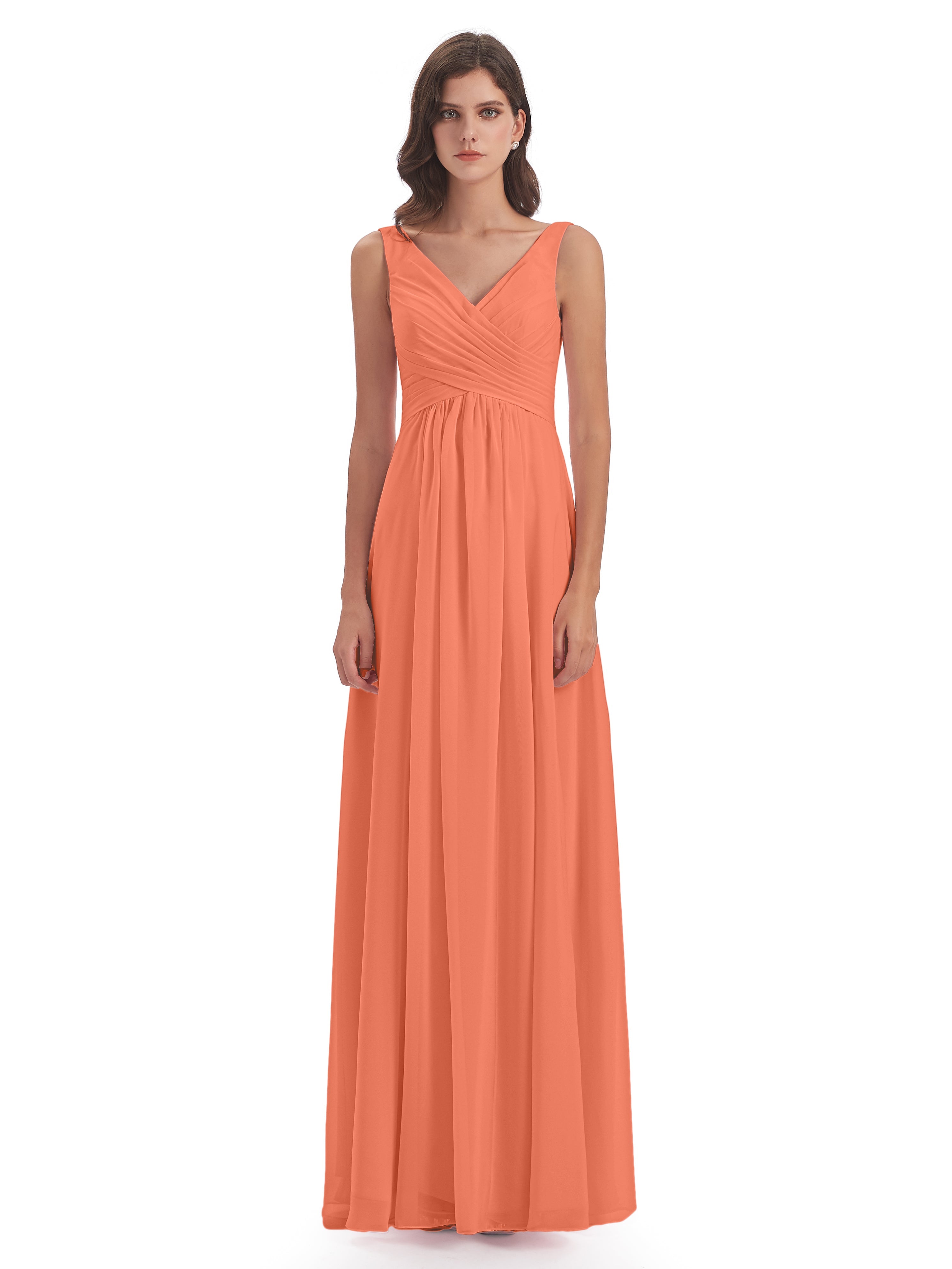 Robes De Demoiselle D'Honneur Coucher De Soleil Col V Fendue Mousseline Robes Demoiselle D'Honneur
