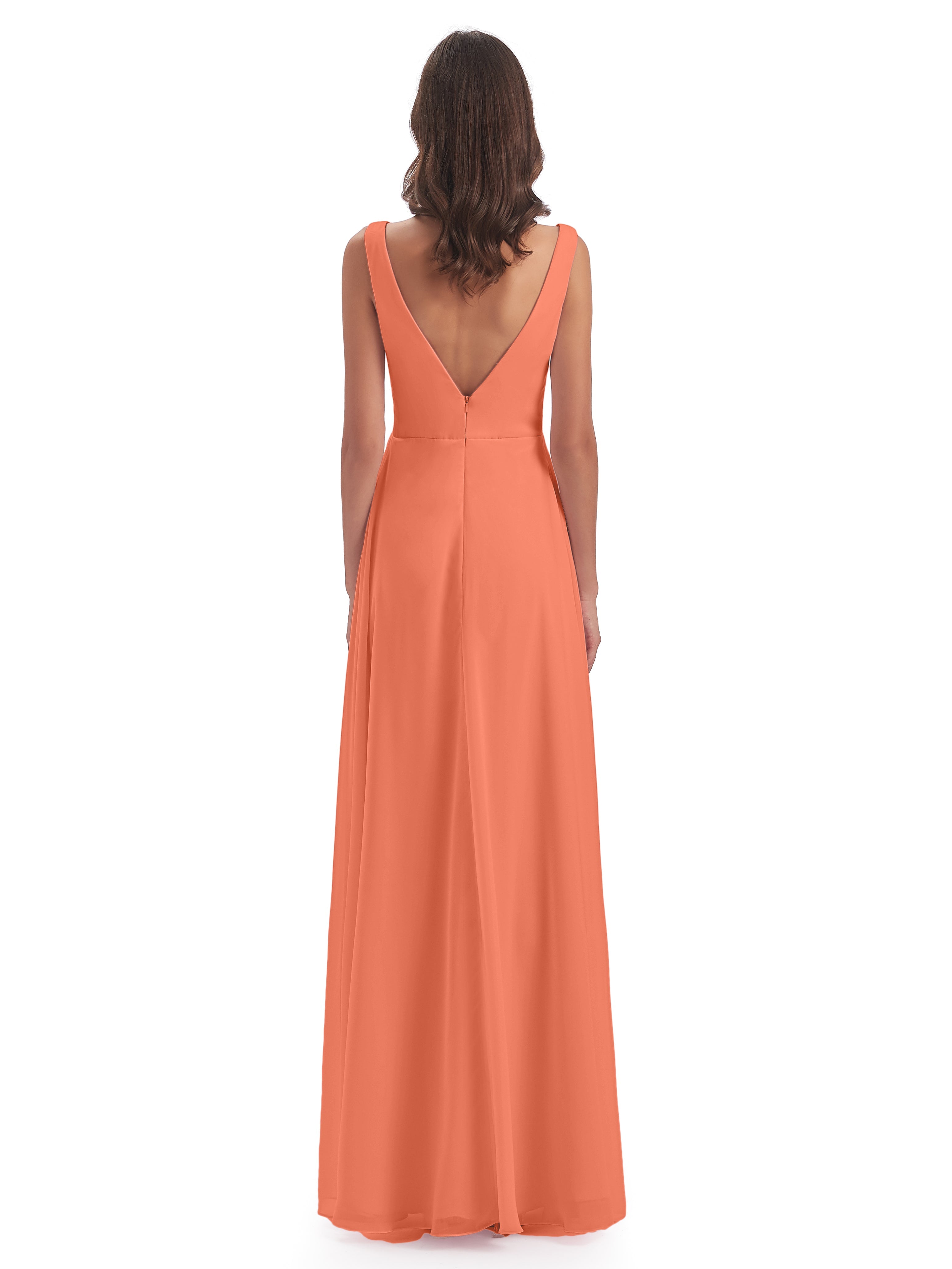 Robes De Demoiselle D'Honneur Coucher De Soleil Col V Fendue Mousseline Robes Demoiselle D'Honneur