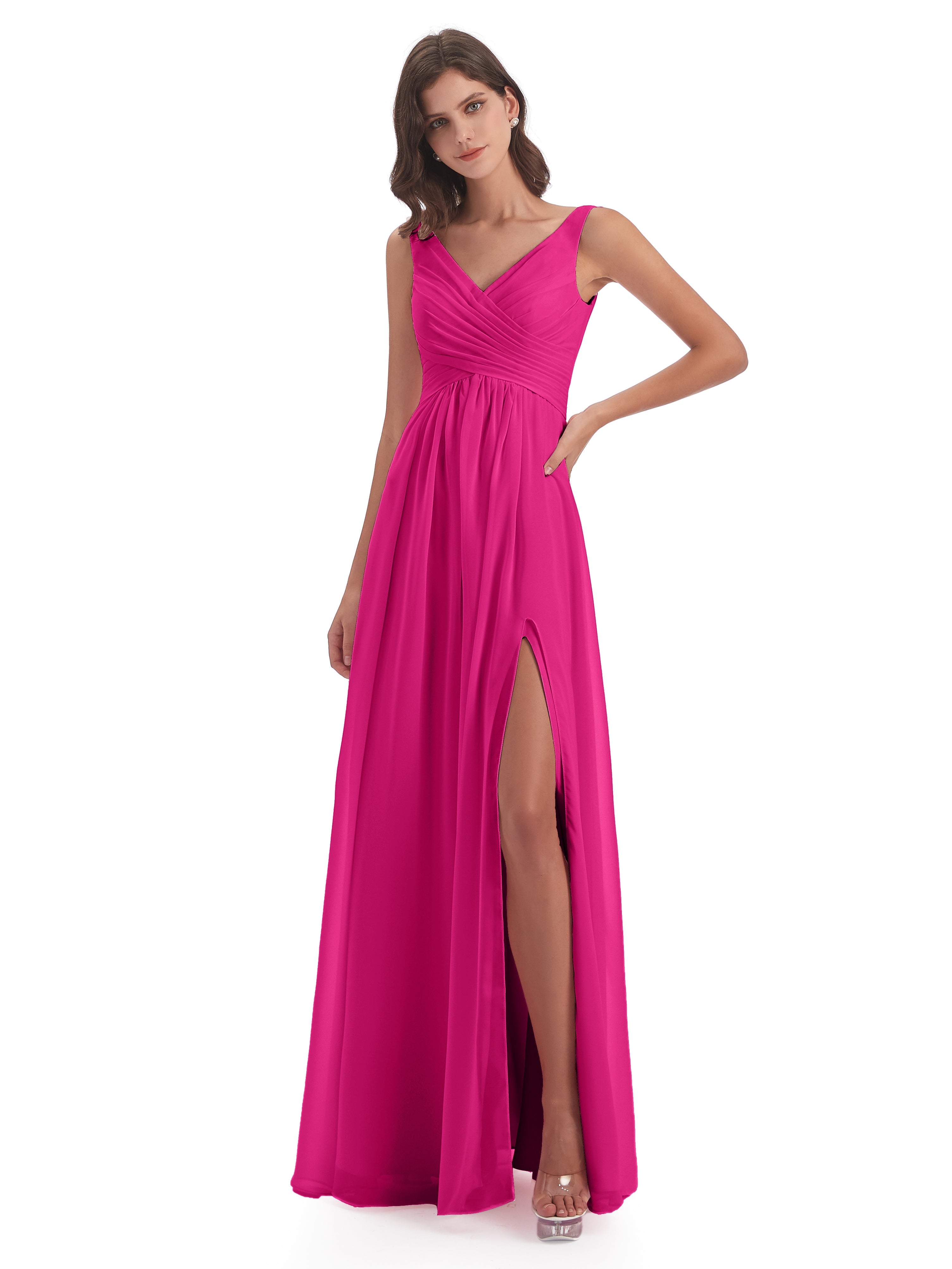 Robes De Demoiselle D'Honneur Couleur Fuchsia Rose Col V Fendue Mousseline Robes Demoiselle D'Honneur