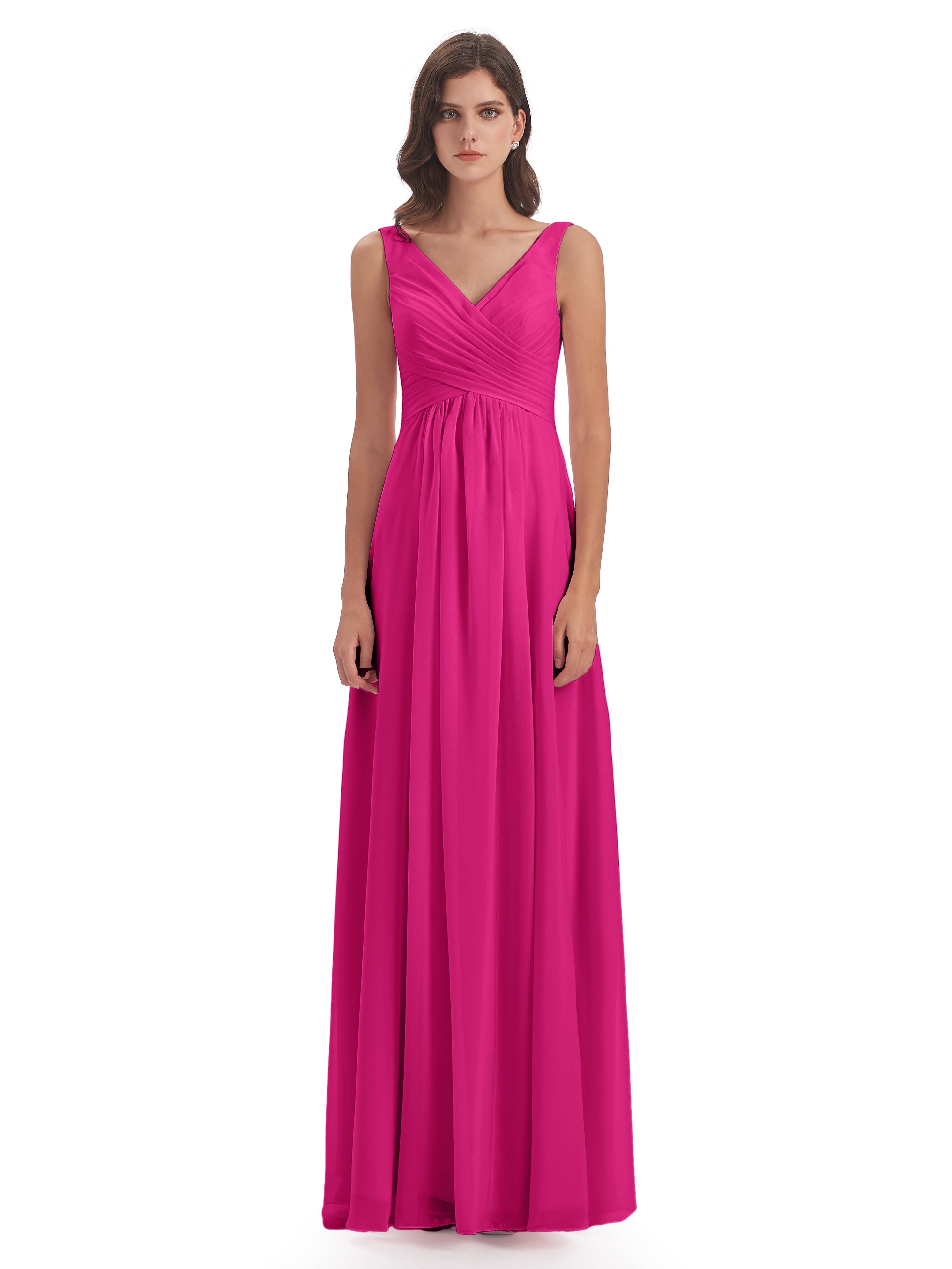 Robes De Demoiselle D'Honneur Couleur Fuchsia Rose Col V Fendue Mousseline Robes Demoiselle D'Honneur