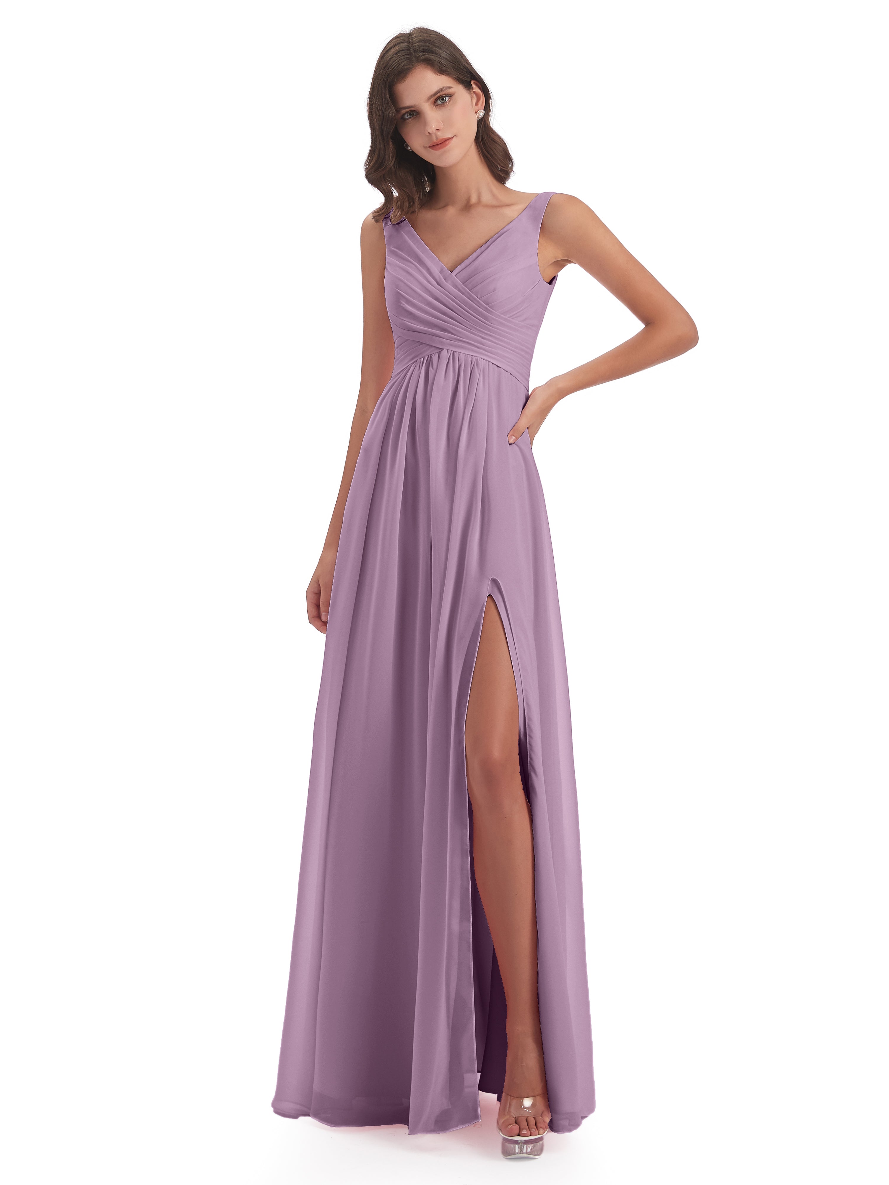 Robes De Demoiselle D'Honneur Glycine Col V Fendue Mousseline Robes Demoiselle D'Honneur
