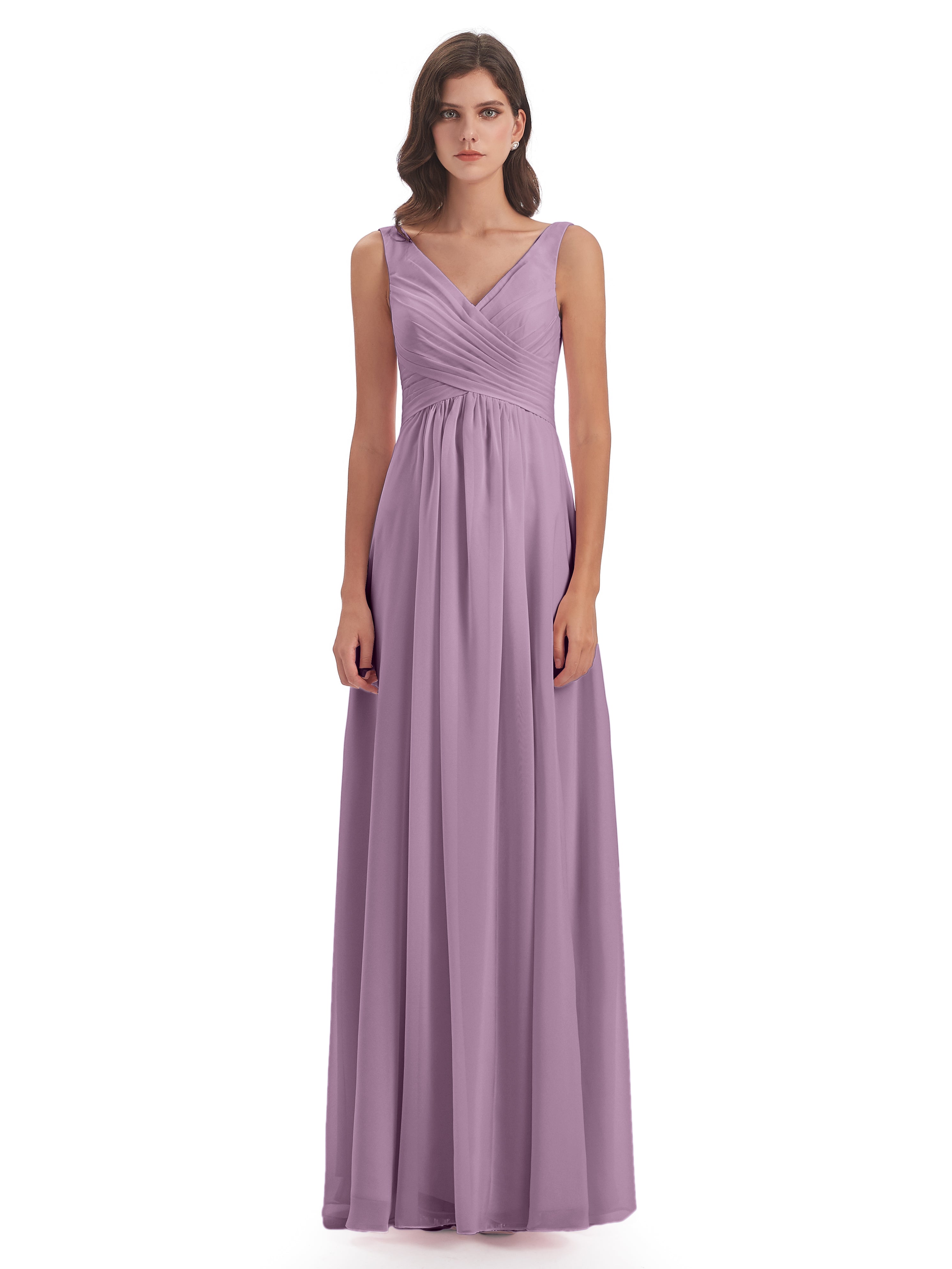 Robes De Demoiselle D'Honneur Glycine Col V Fendue Mousseline Robes Demoiselle D'Honneur