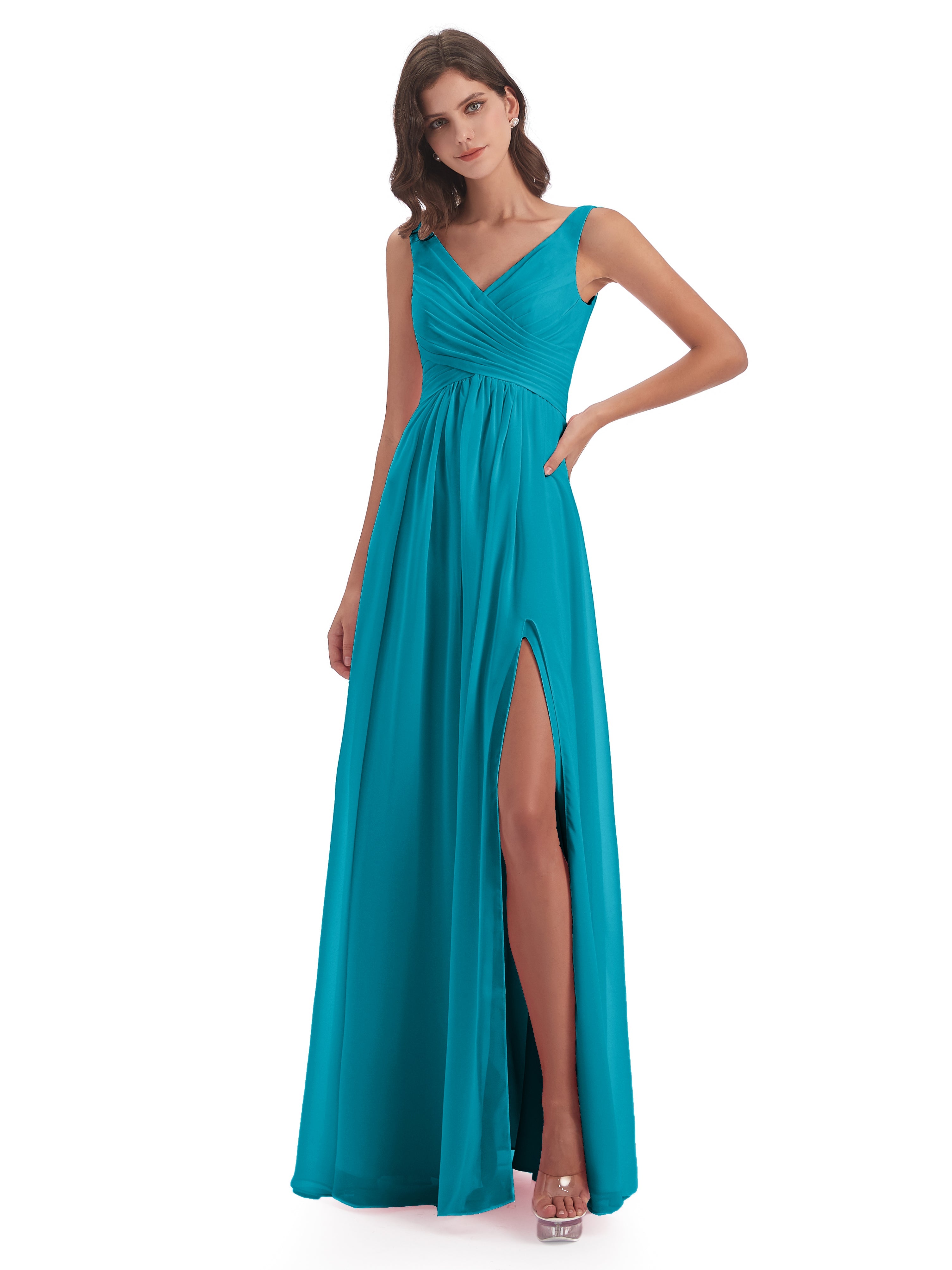 Robes De Demoiselle D'Honneur Vert Jade Col V Fendue Mousseline Robes Demoiselle D'Honneur