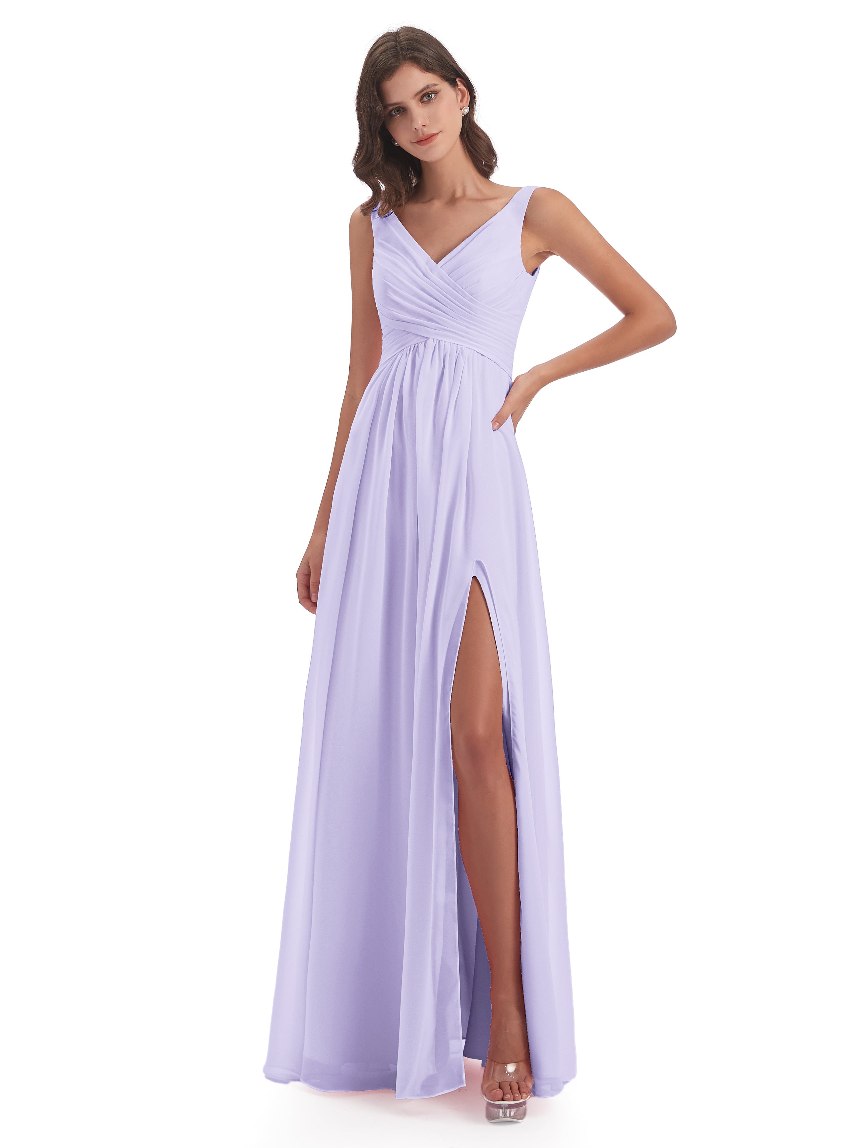 Robe Lilas Demoiselle D Honneur Col V Fendue Mousseline Robes Demoiselle D'Honneur