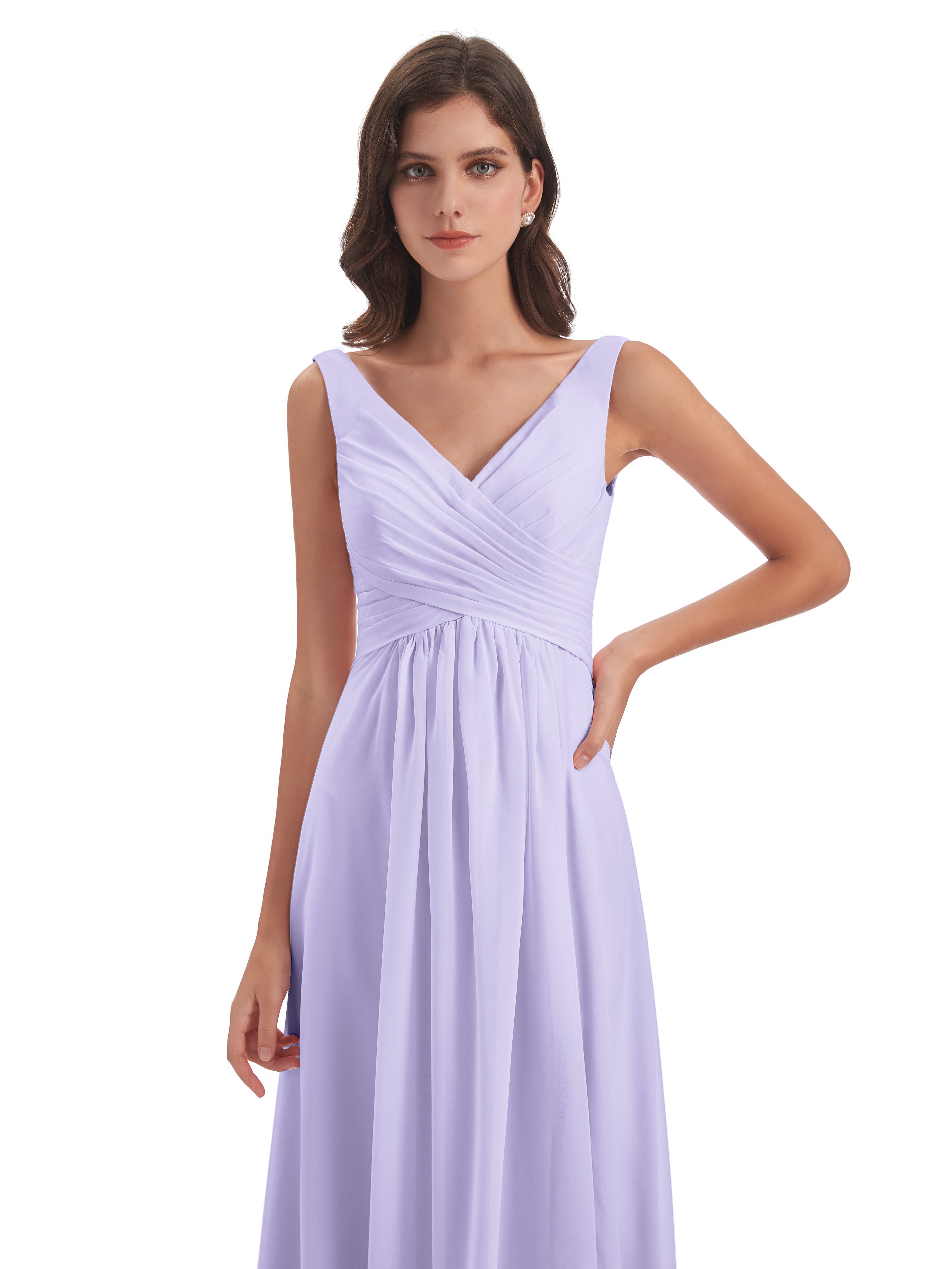 Robe Lilas Demoiselle D Honneur Col V Fendue Mousseline Robes Demoiselle D'Honneur