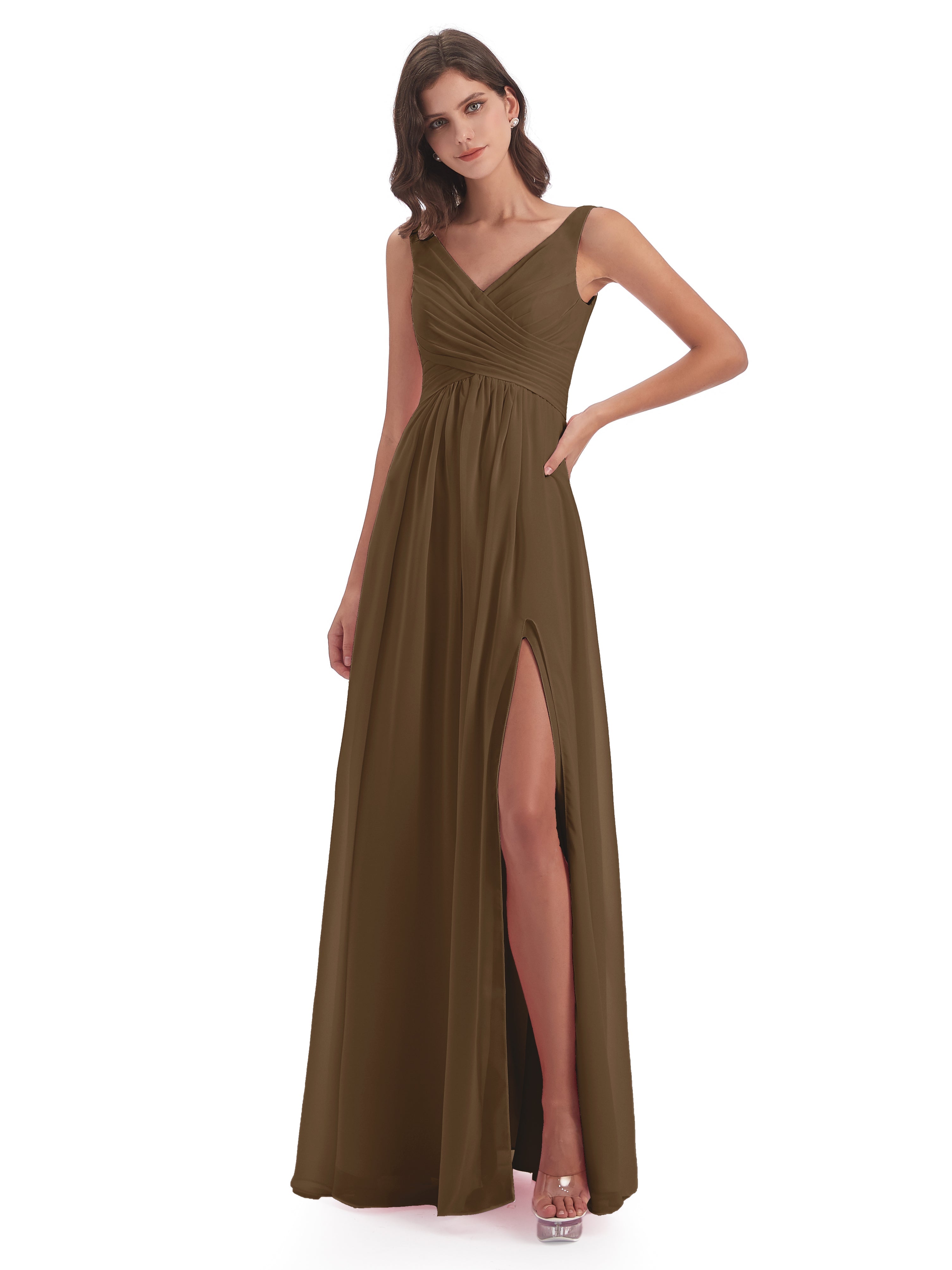 Robe Demoiselle D Honneur Moka Col V Fendue Mousseline Robes Demoiselle D'Honneur