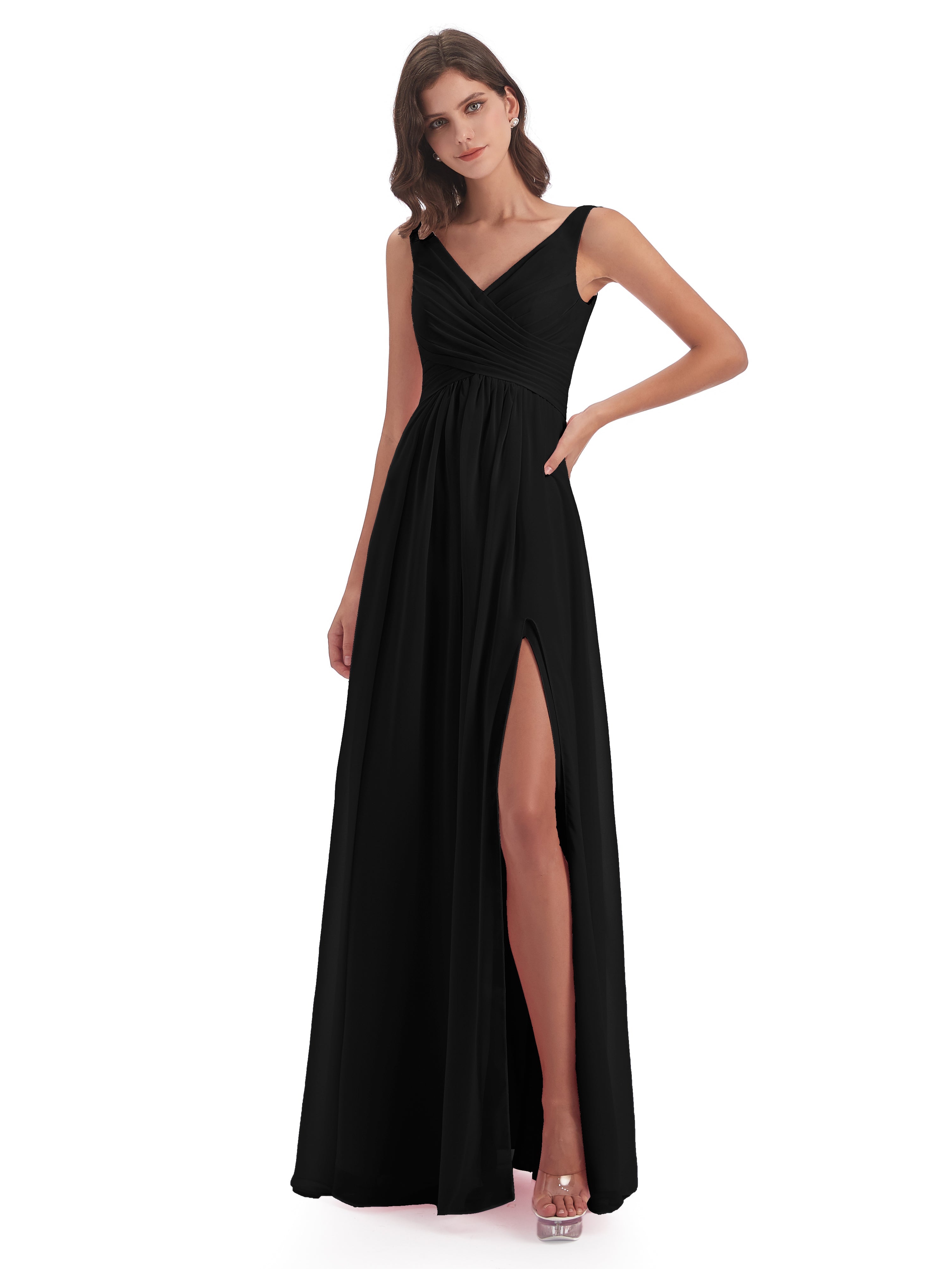 Demoiselle D Honneur En Noir Col V Fendue Mousseline Robes Demoiselle D'Honneur