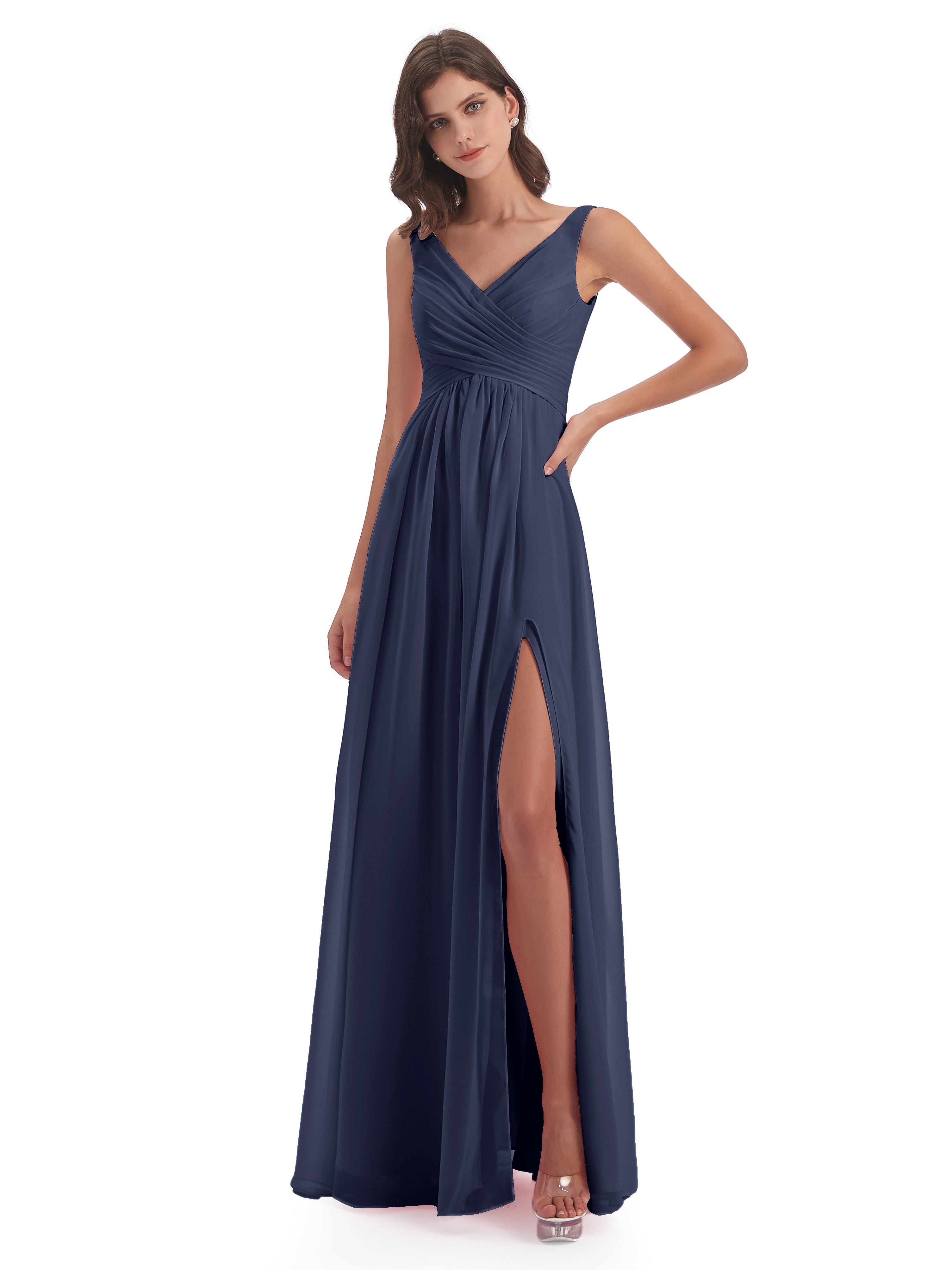 Robes De Demoiselle D'Honneur Bleu Orageux Col V Fendue Mousseline Robes Demoiselle D'Honneur