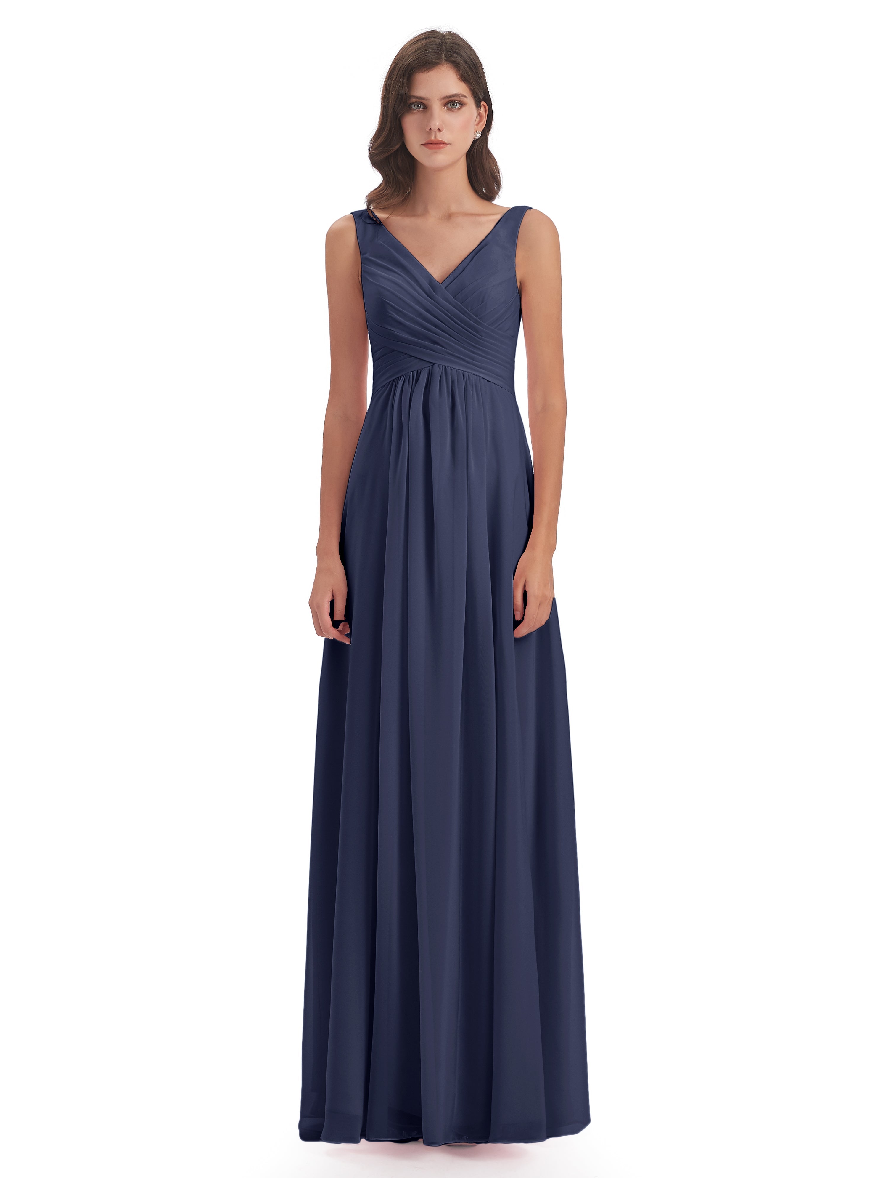 Robes De Demoiselle D'Honneur Bleu Orageux Col V Fendue Mousseline Robes Demoiselle D'Honneur