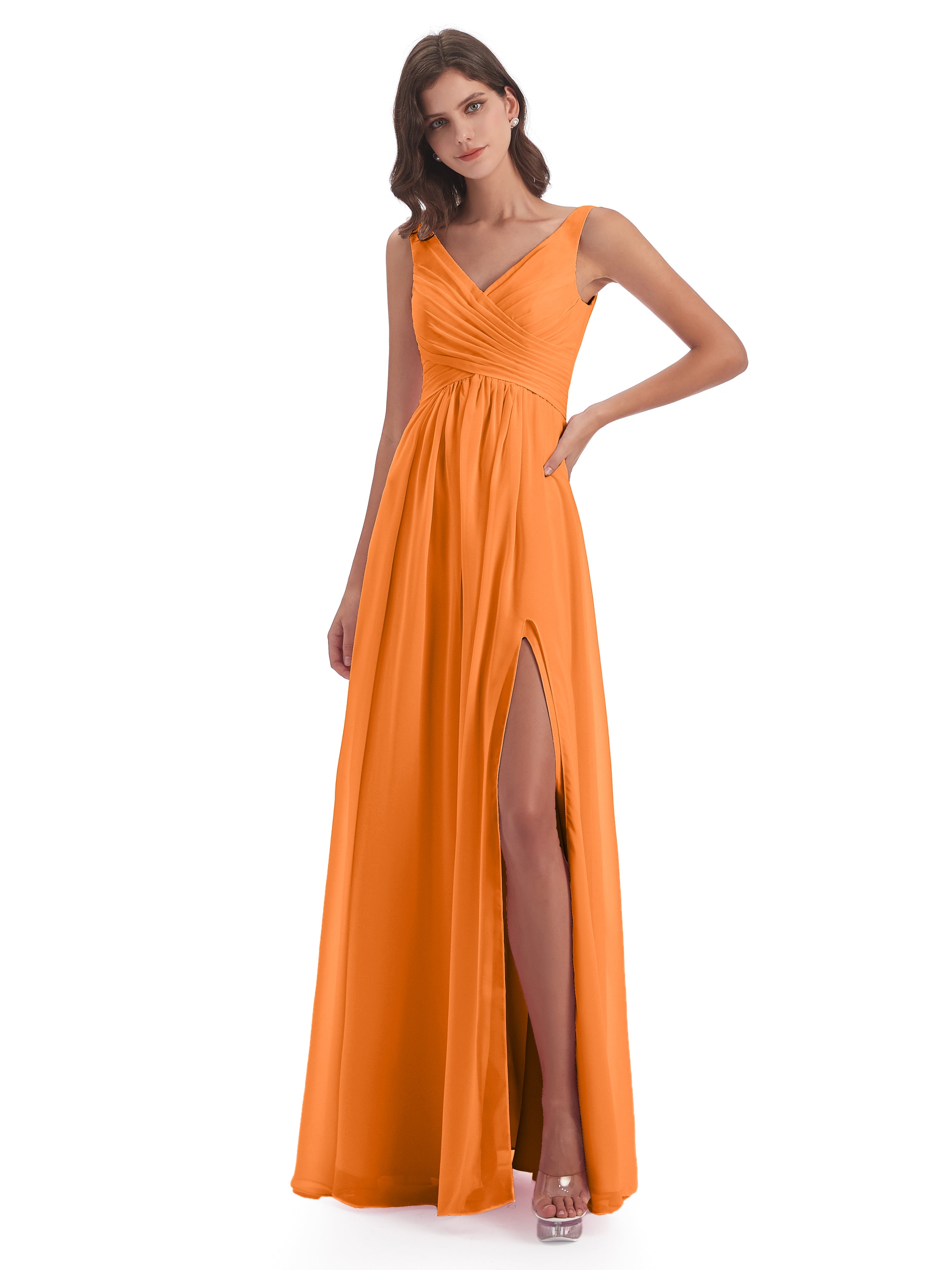 Robe De Demoiselle D Honneur Orange Col V Fendue Mousseline Robes Demoiselle D'Honneur