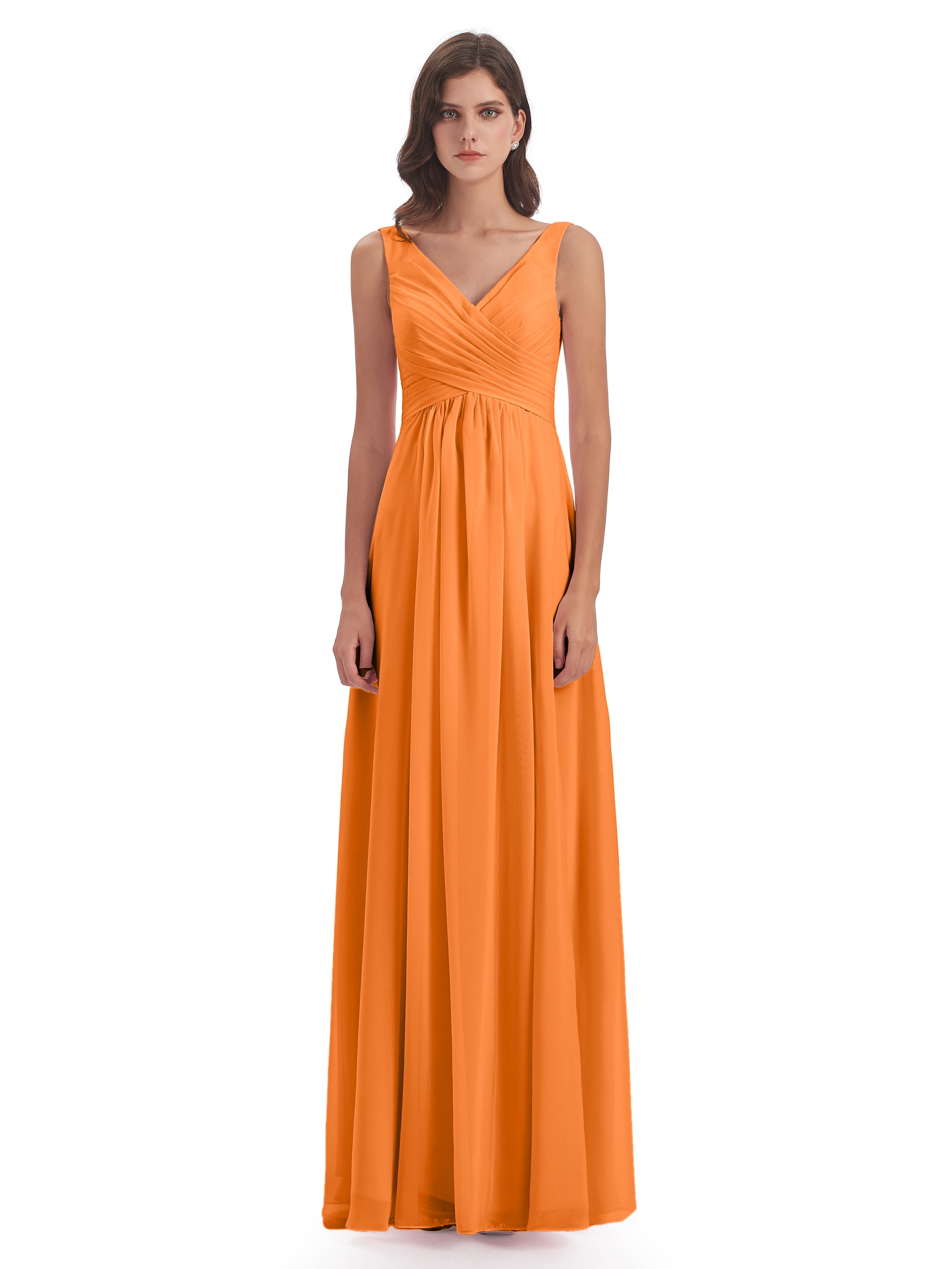 Robe De Demoiselle D Honneur Orange Col V Fendue Mousseline Robes Demoiselle D'Honneur