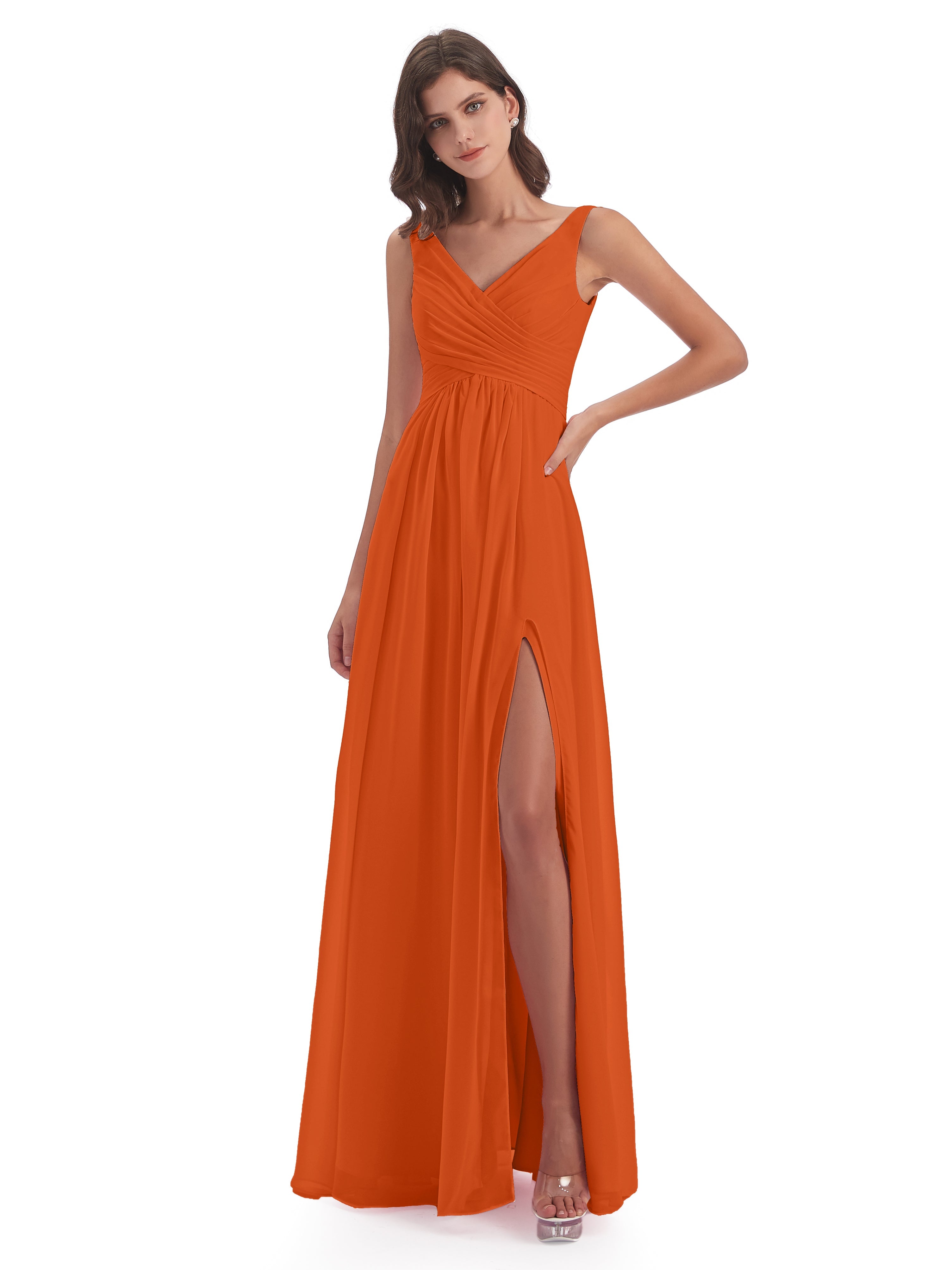 Robes De Demoiselle D'Honneur Orange Brûlé Col V Fendue Mousseline Robes Demoiselle D'Honneur