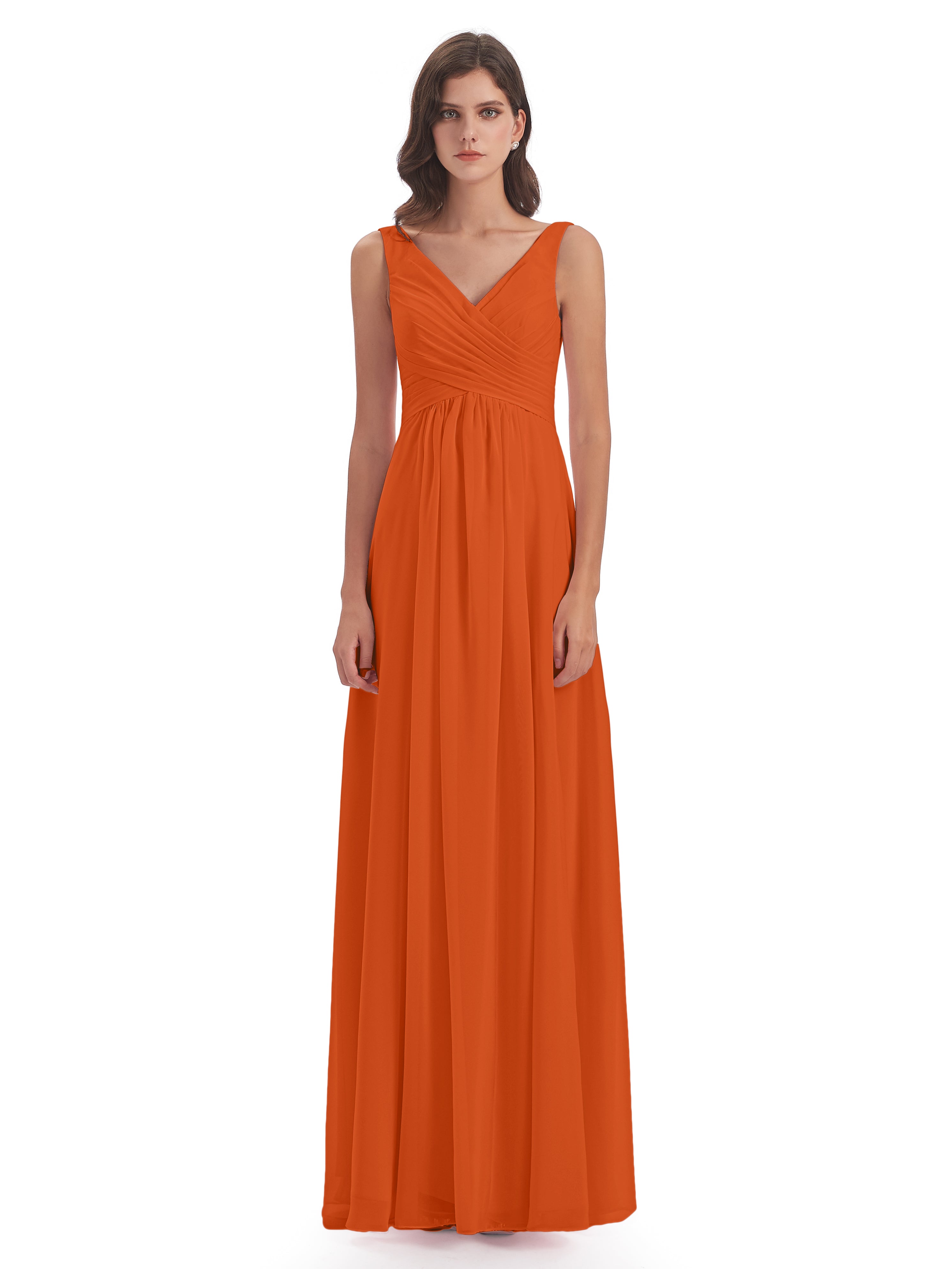 Robes De Demoiselle D'Honneur Orange Brûlé Col V Fendue Mousseline Robes Demoiselle D'Honneur