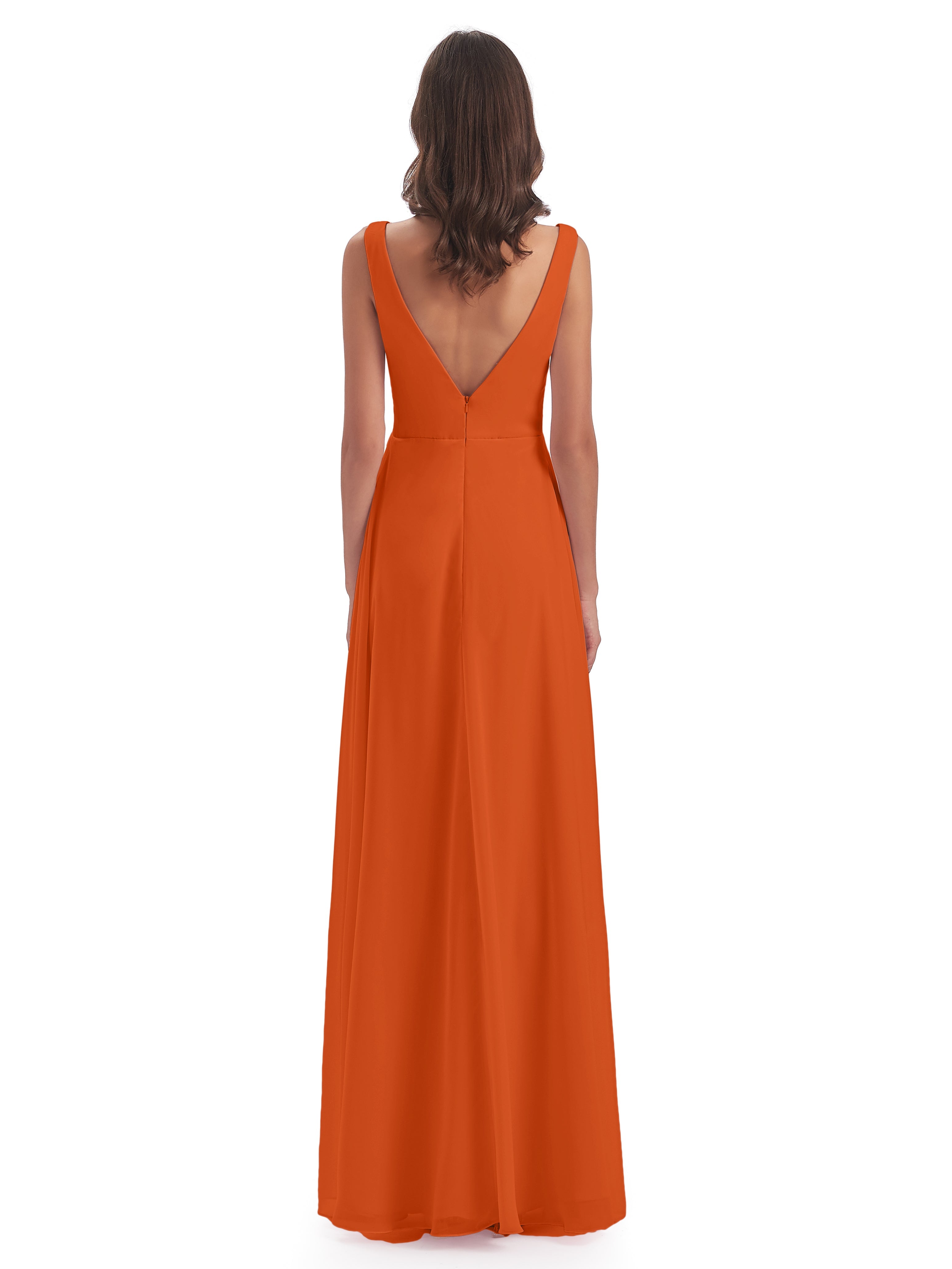 Robes De Demoiselle D'Honneur Orange Brûlé Col V Fendue Mousseline Robes Demoiselle D'Honneur