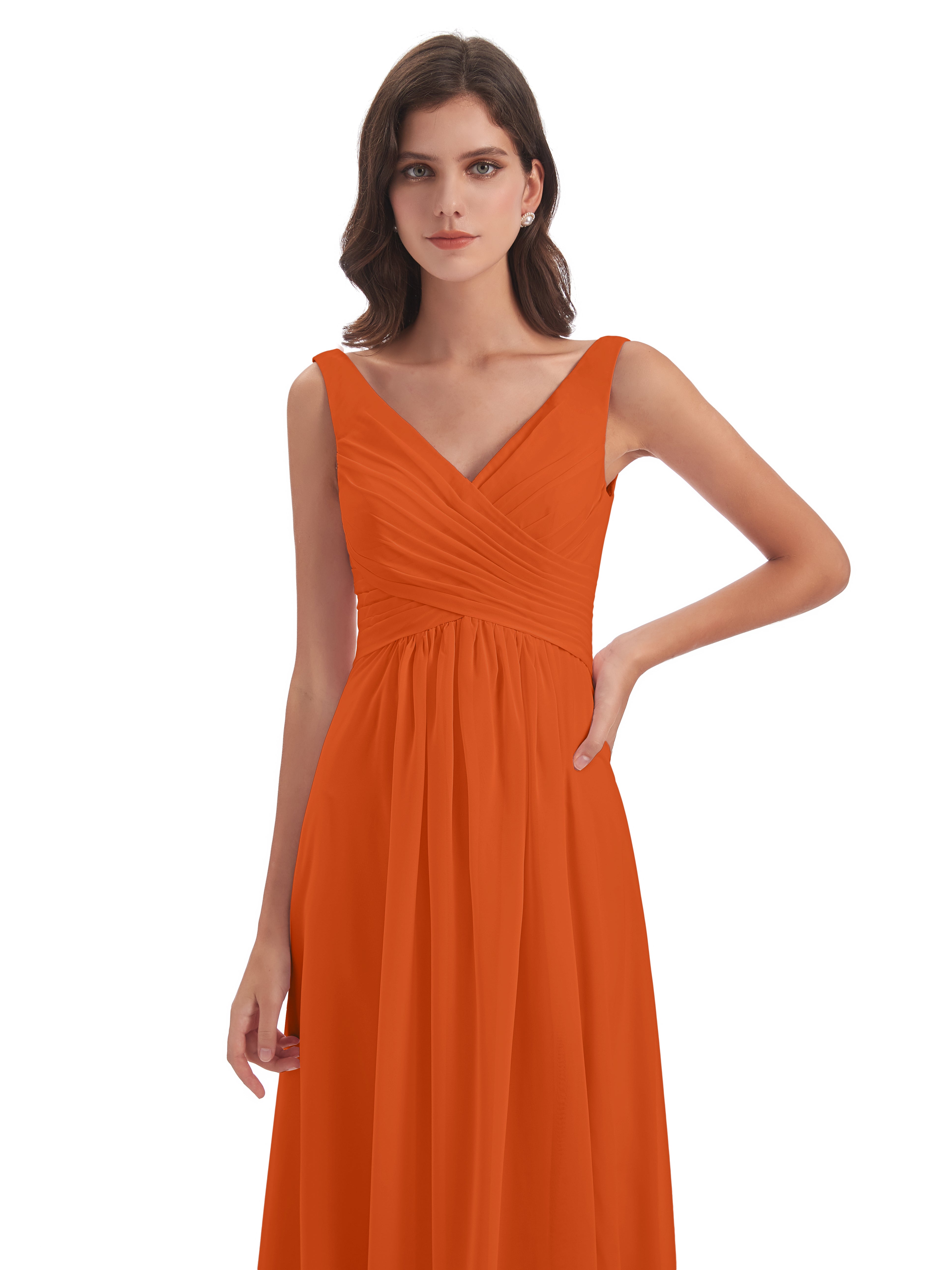 Robes De Demoiselle D'Honneur Orange Brûlé Col V Fendue Mousseline Robes Demoiselle D'Honneur