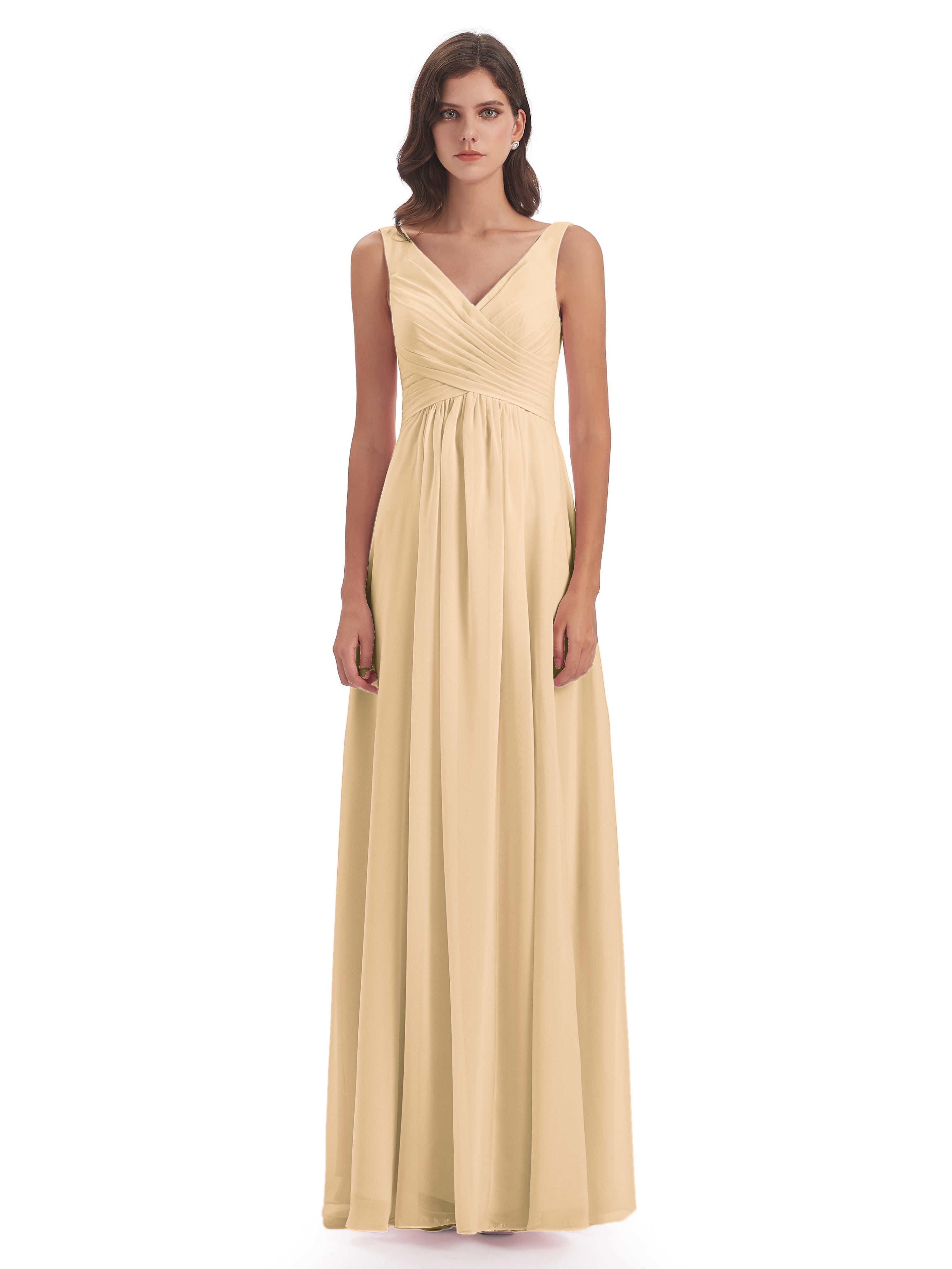 Robes De Demoiselle D'Honneur Rose Pêche Col V Fendue Mousseline Robes Demoiselle D'Honneur