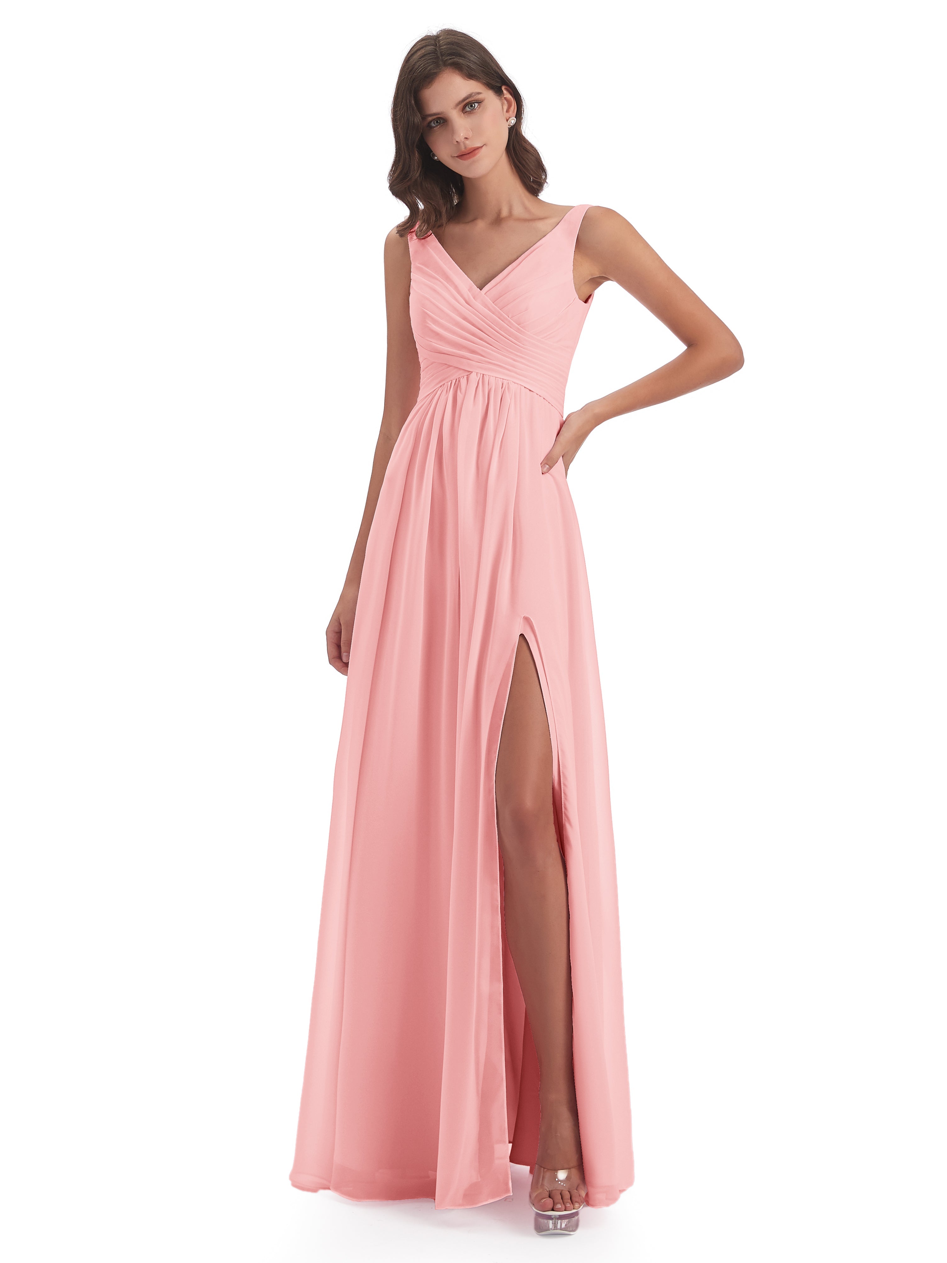 Robes De Demoiselle D'Honneur De Couleur Rose Col V Fendue Mousseline Robes Demoiselle D'Honneur