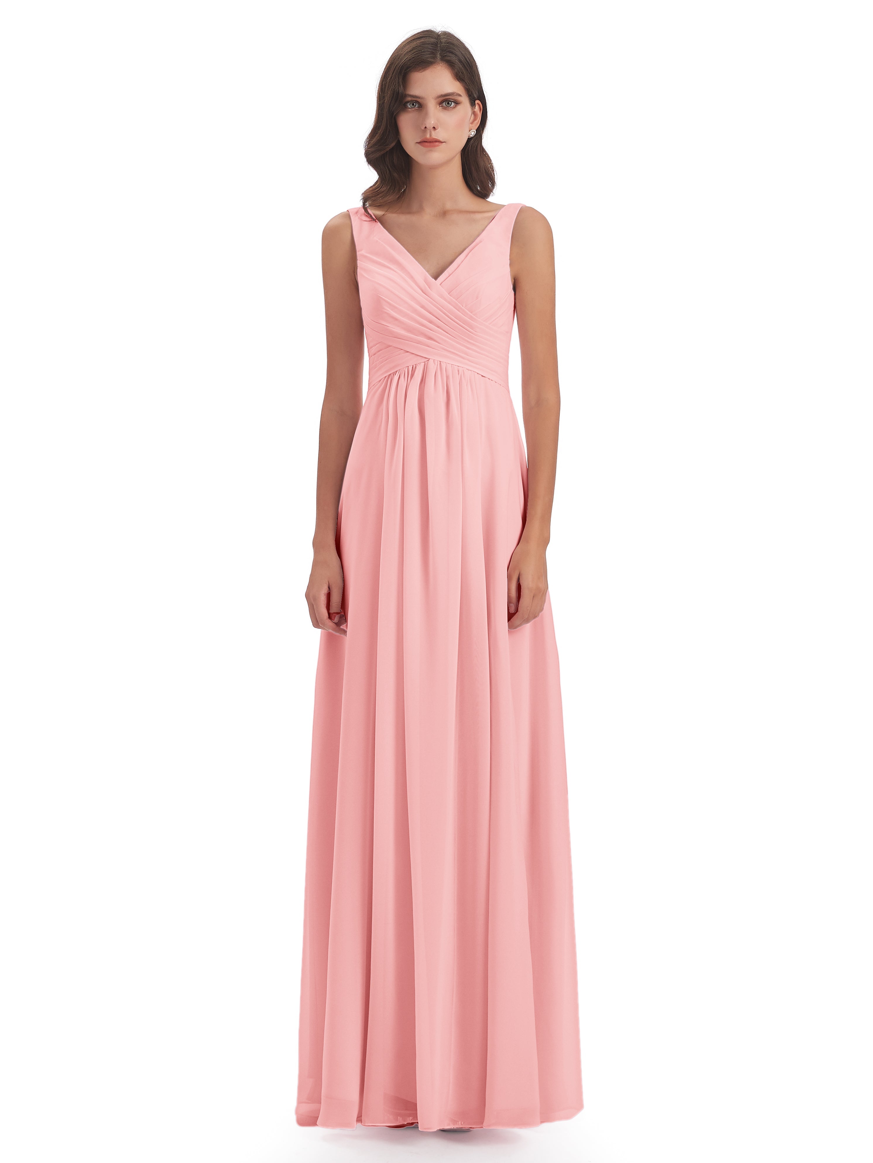 Robes De Demoiselle D'Honneur De Couleur Rose Col V Fendue Mousseline Robes Demoiselle D'Honneur