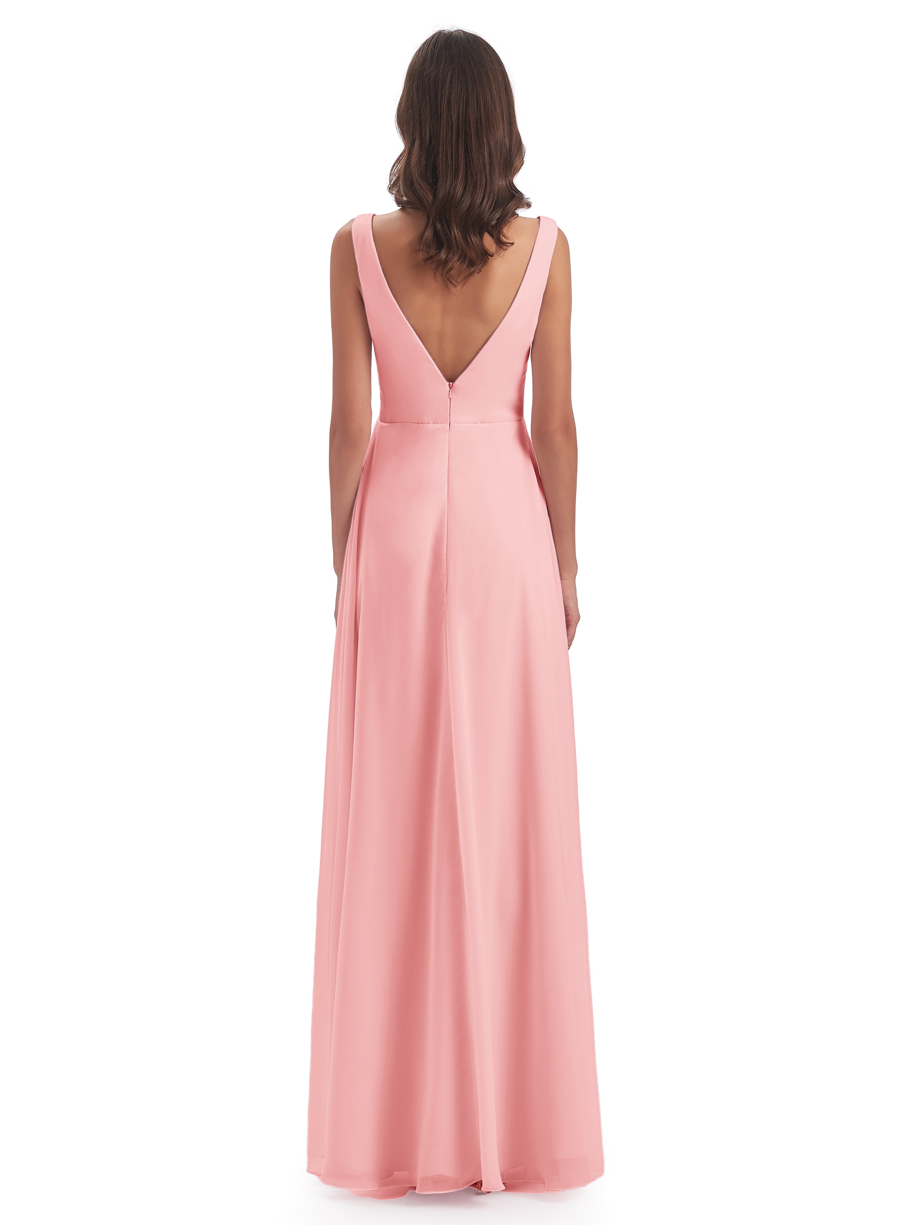 Robes De Demoiselle D'Honneur De Couleur Rose Col V Fendue Mousseline Robes Demoiselle D'Honneur