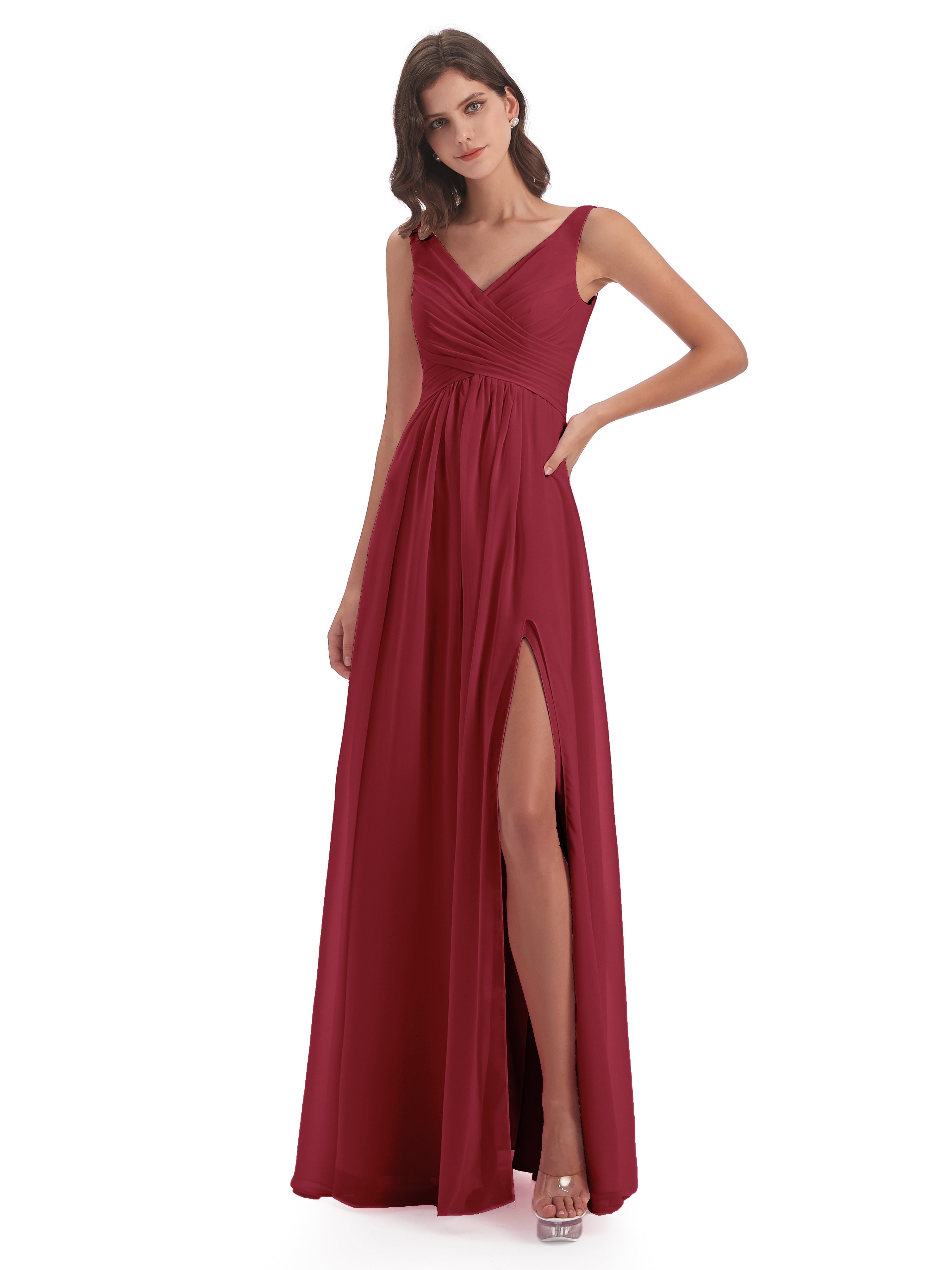 Couleur Rose Cannelle Col V Fendue Mousseline Robes Demoiselle D'Honneur