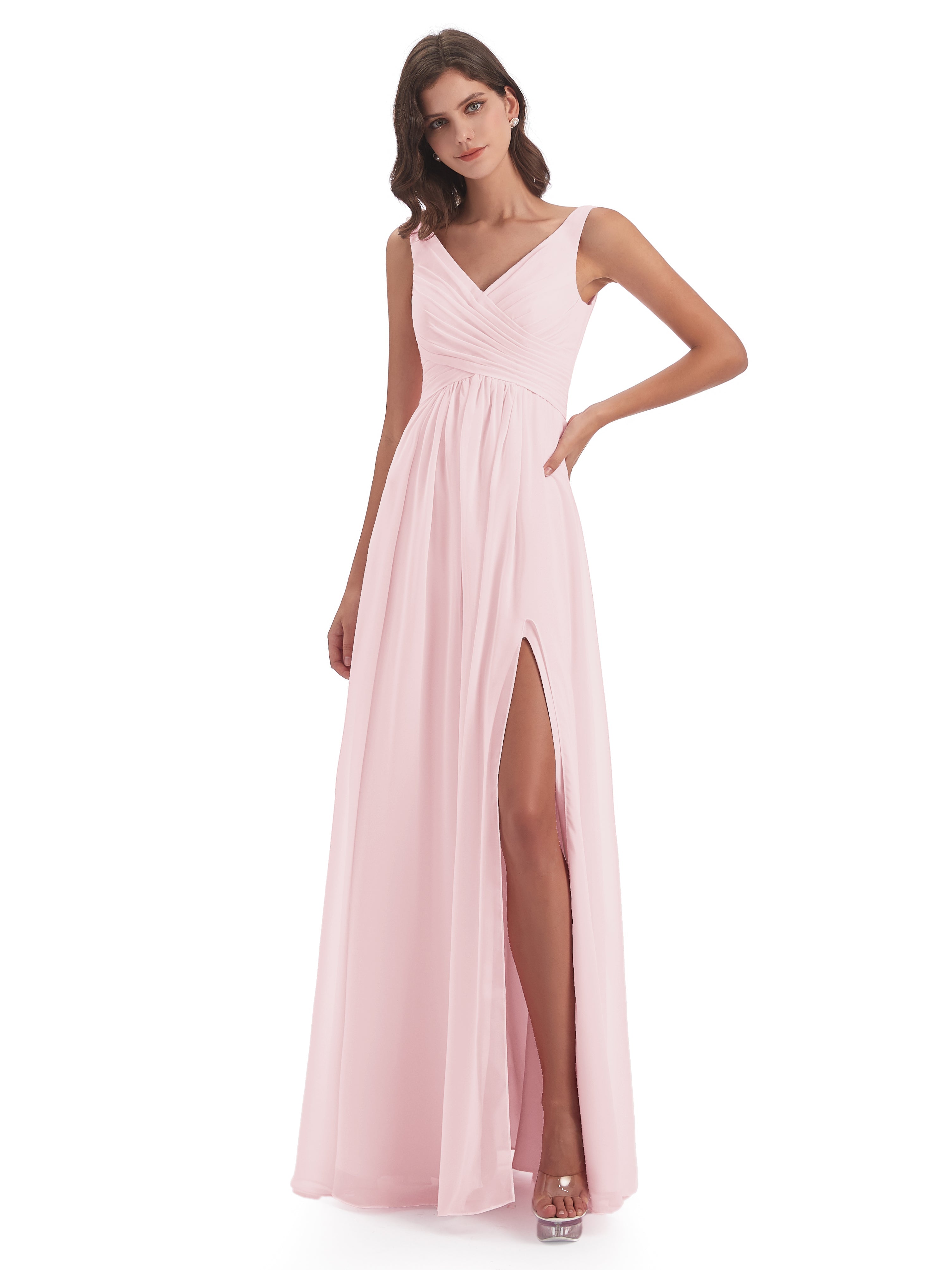 Robe Demoiselle Honneur Rose Pale Col V Fendue Mousseline Robes Demoiselle D'Honneur